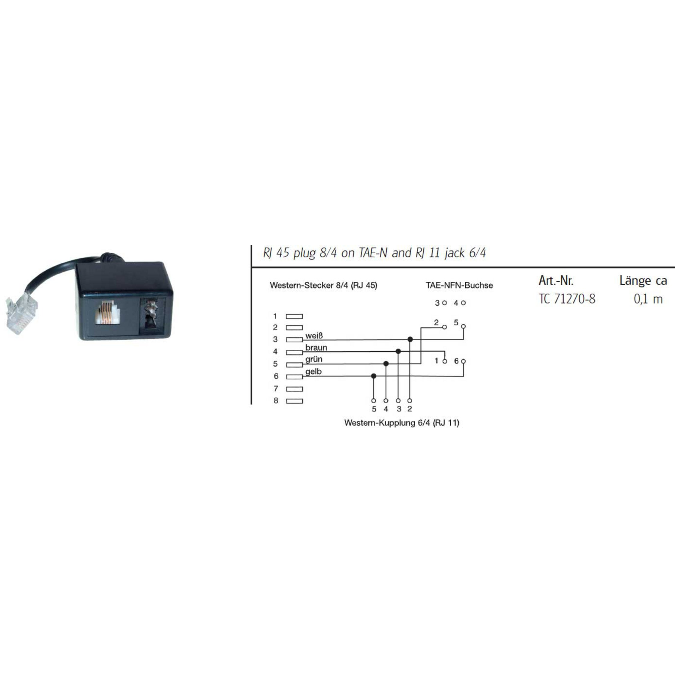 Schwarzer RJ45-Stecker auf weißem Hintergrund, mit Schaltplan und Text.