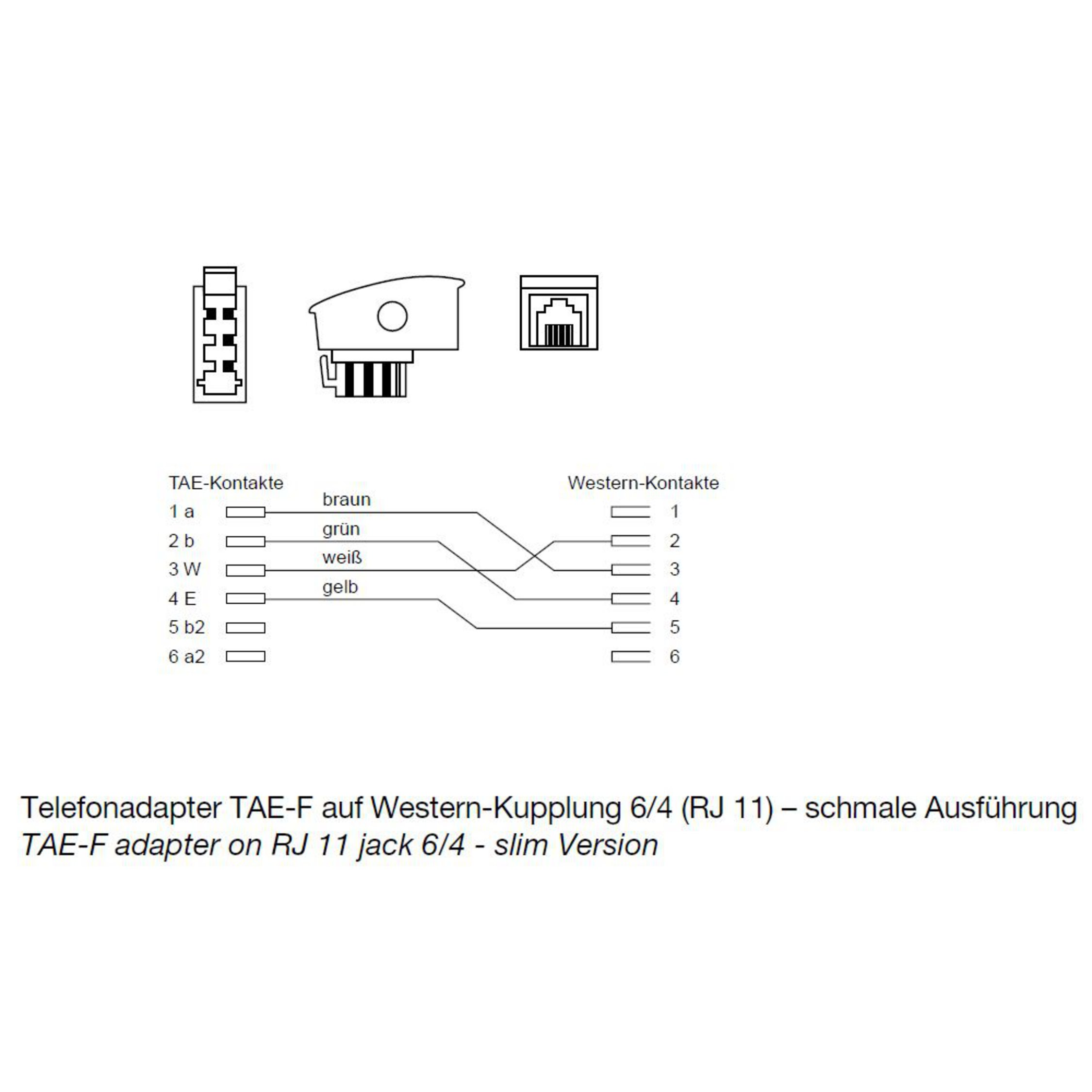 Diagramm eines TAE-F-Adapters an RJ11-Buchse 6/4. Das Diagramm zeigt Verdrahtung und Kontaktpunkte.