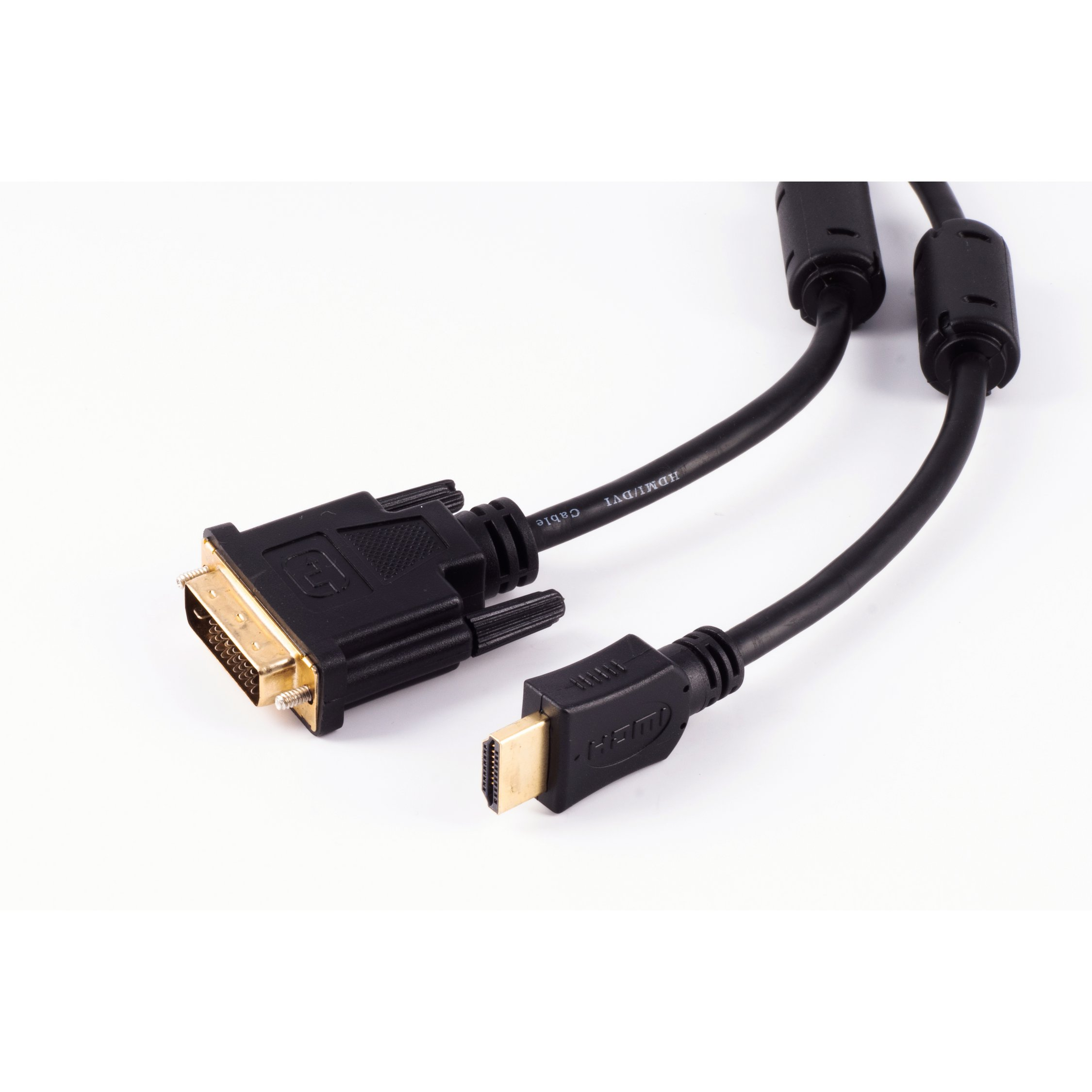 Ein HDMI-zu-DVI-Kabel. Das DVI-Ende ist schwarz und das HDMI-Ende ist schwarz und gold.