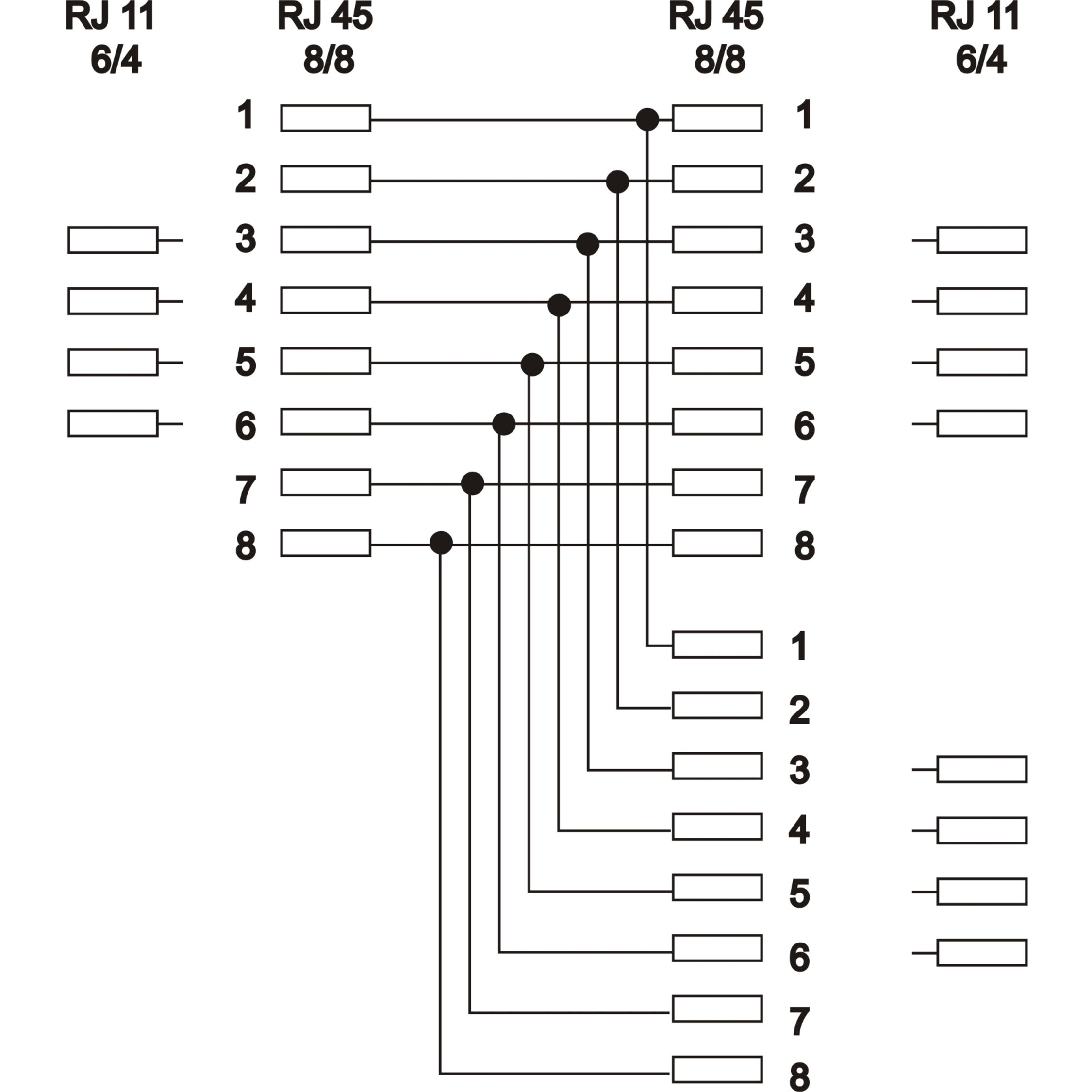 Diagramm, das RJ11- und RJ45-Anschlüsse mit ihren Drahtkonfigurationen zeigt. Schwarze Linien zeigen Verbindungen an.