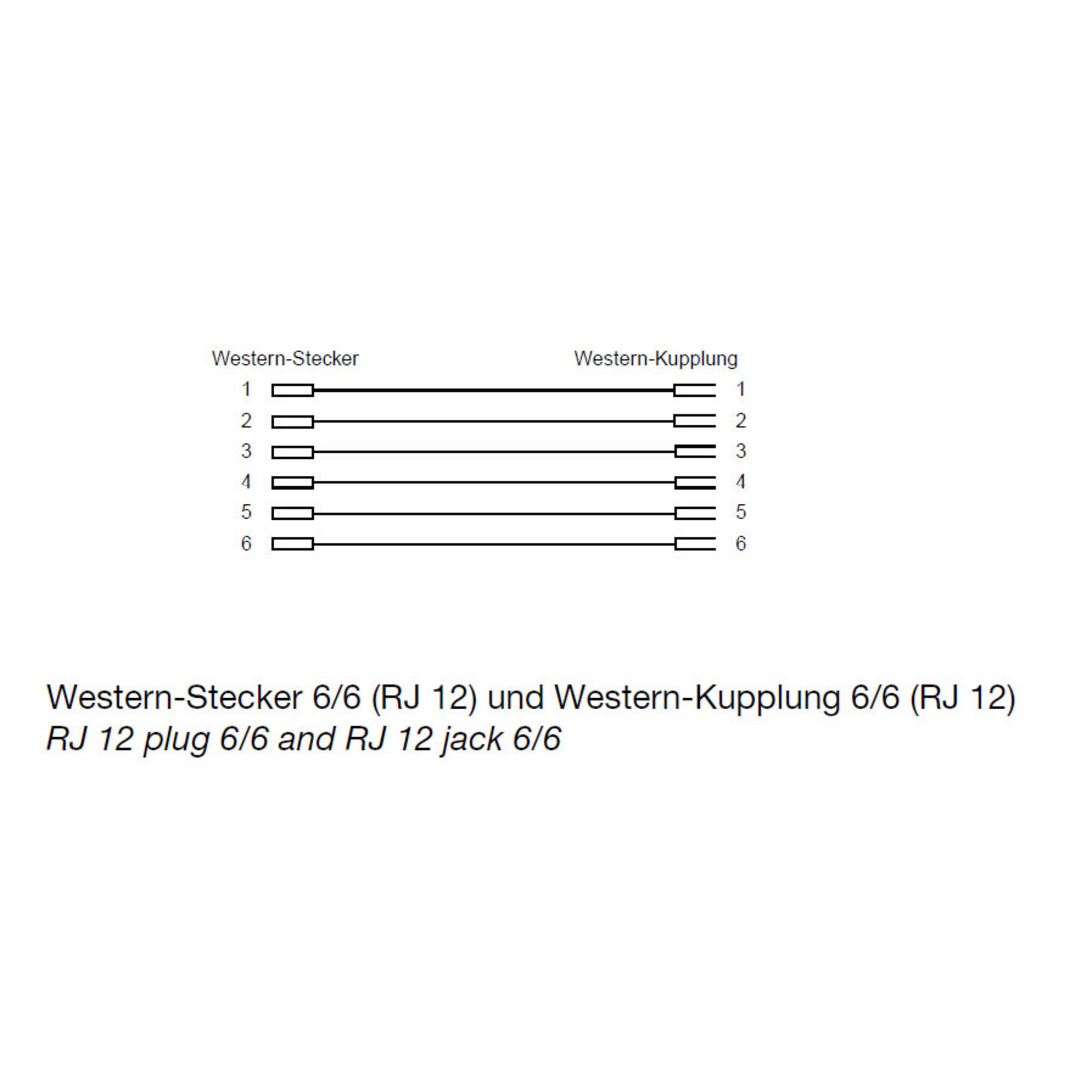 Diagramm von RJ12-Stecker und -Buchse, beschriftet als Western-Stecker und -Kupplung.