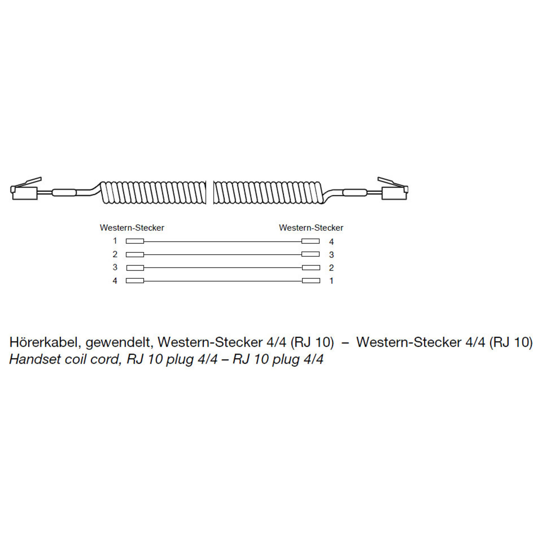 Hörer-Spiralkabel mit RJ10-Steckern. Zwei RJ10-Stecker, verbunden durch ein Spiralkabel.