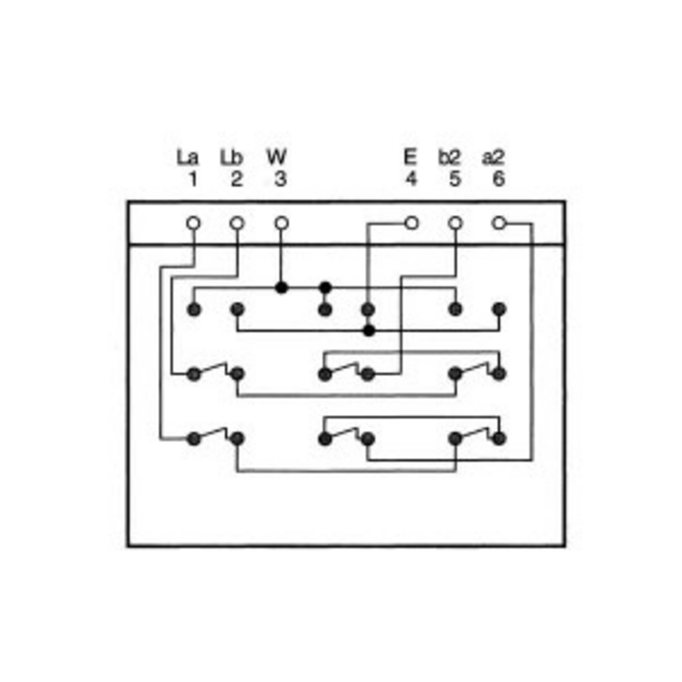 Elektrischer Schaltplan mit Symbolen und Linien, verbunden mit beschrifteten Klemmen La, Lb, W, E, b2, a2.