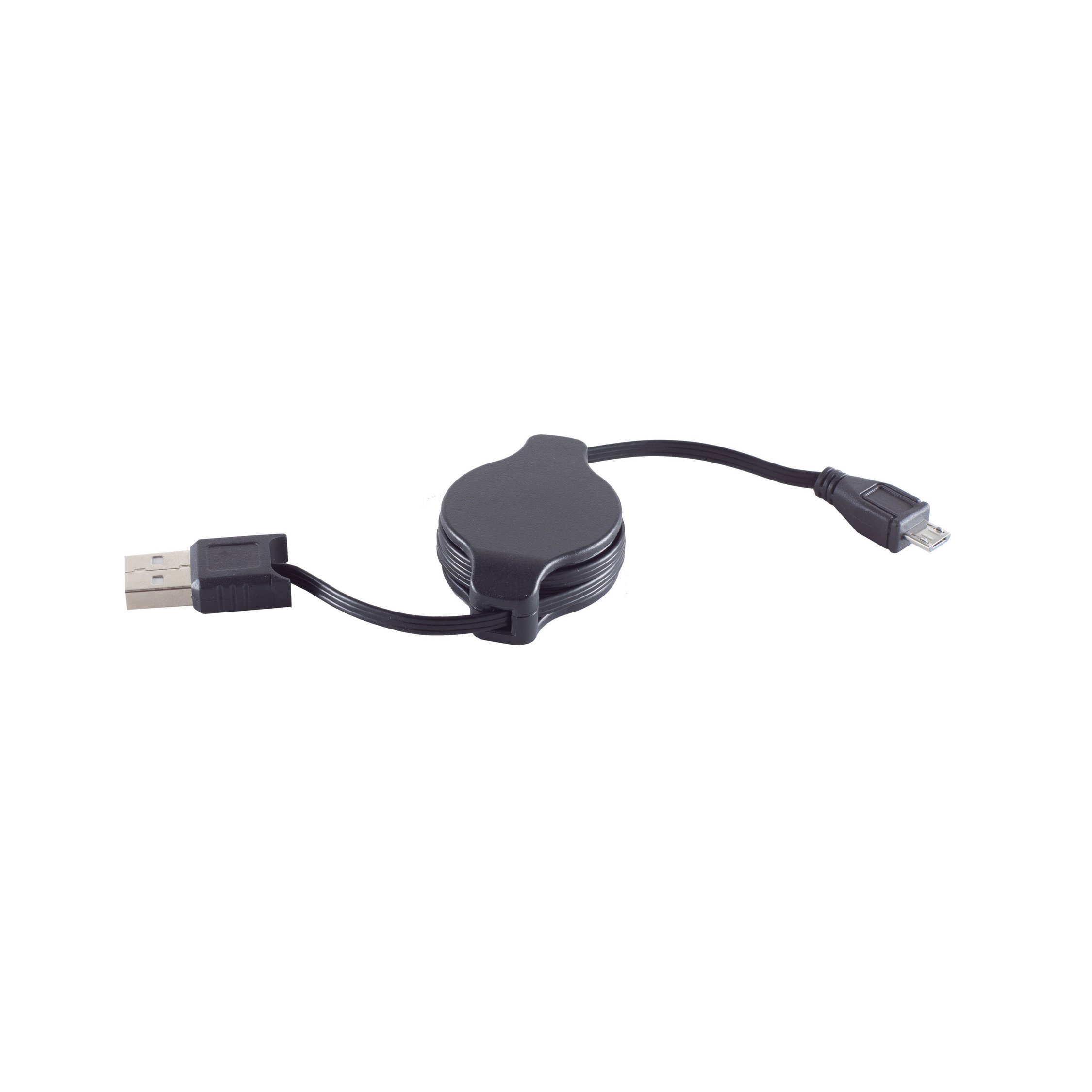 Ein schwarzes, einziehbares USB-Kabel mit USB- und Micro-USB-Anschlüssen.