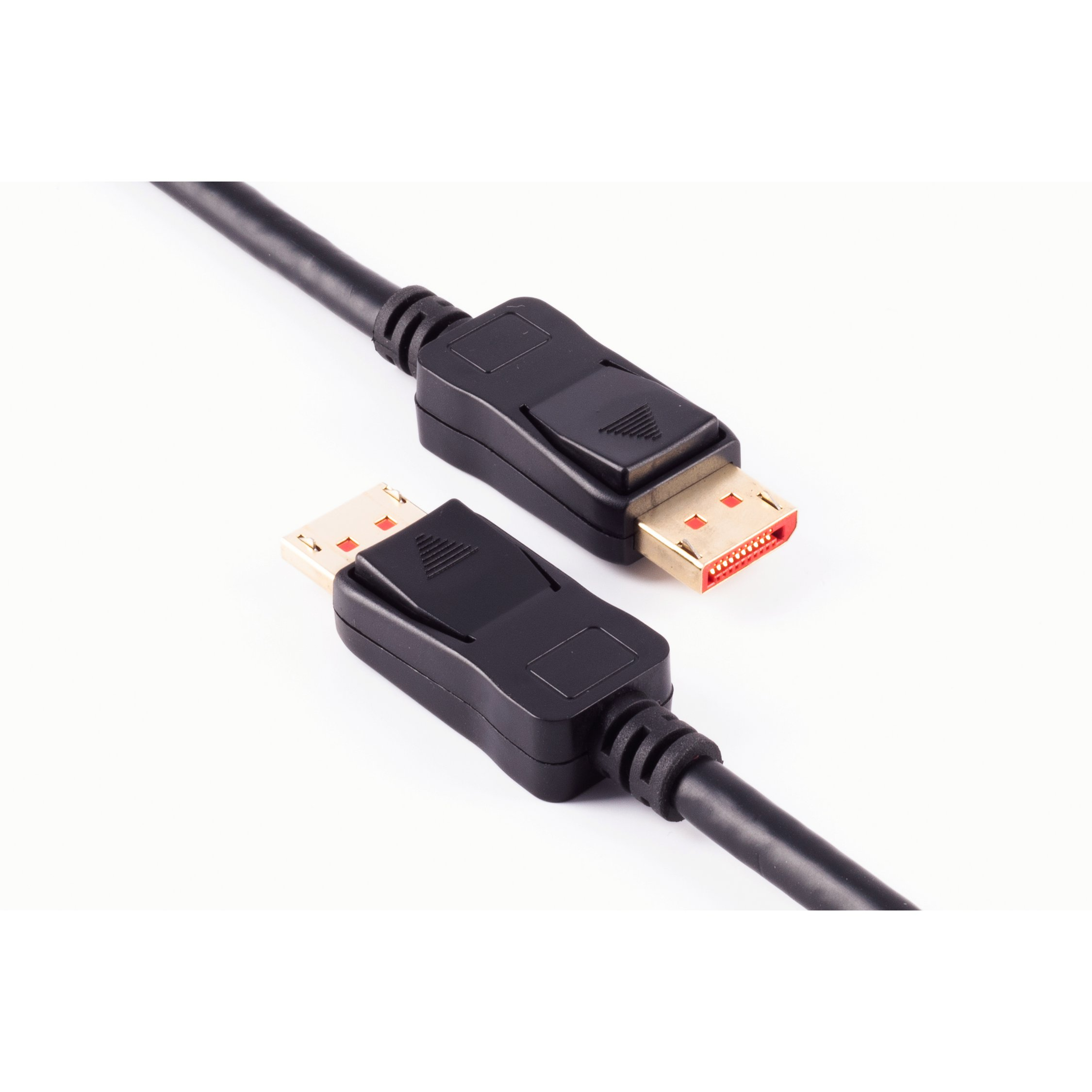 Zwei schwarze DisplayPort-Kabel mit schwarzen Steckern und goldenen Pins. Weißer Hintergrund.
