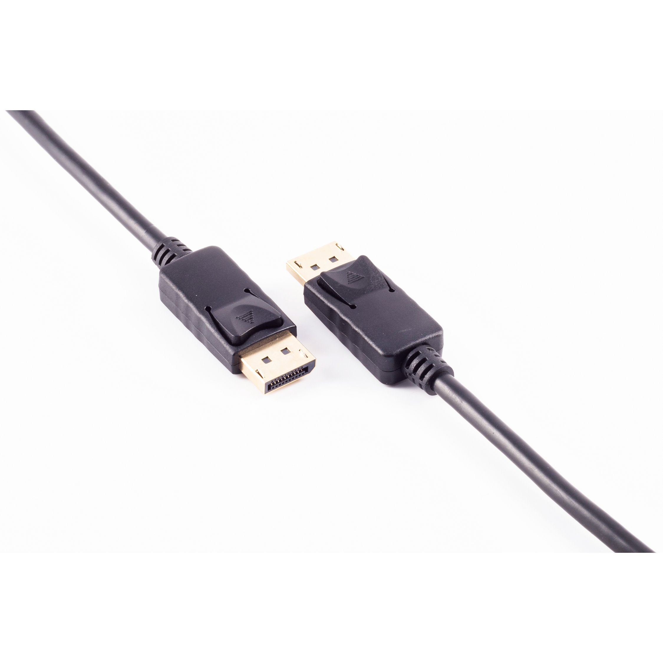 Schwarzes DisplayPort-Kabel mit schwarzen Steckern auf weißem Hintergrund.