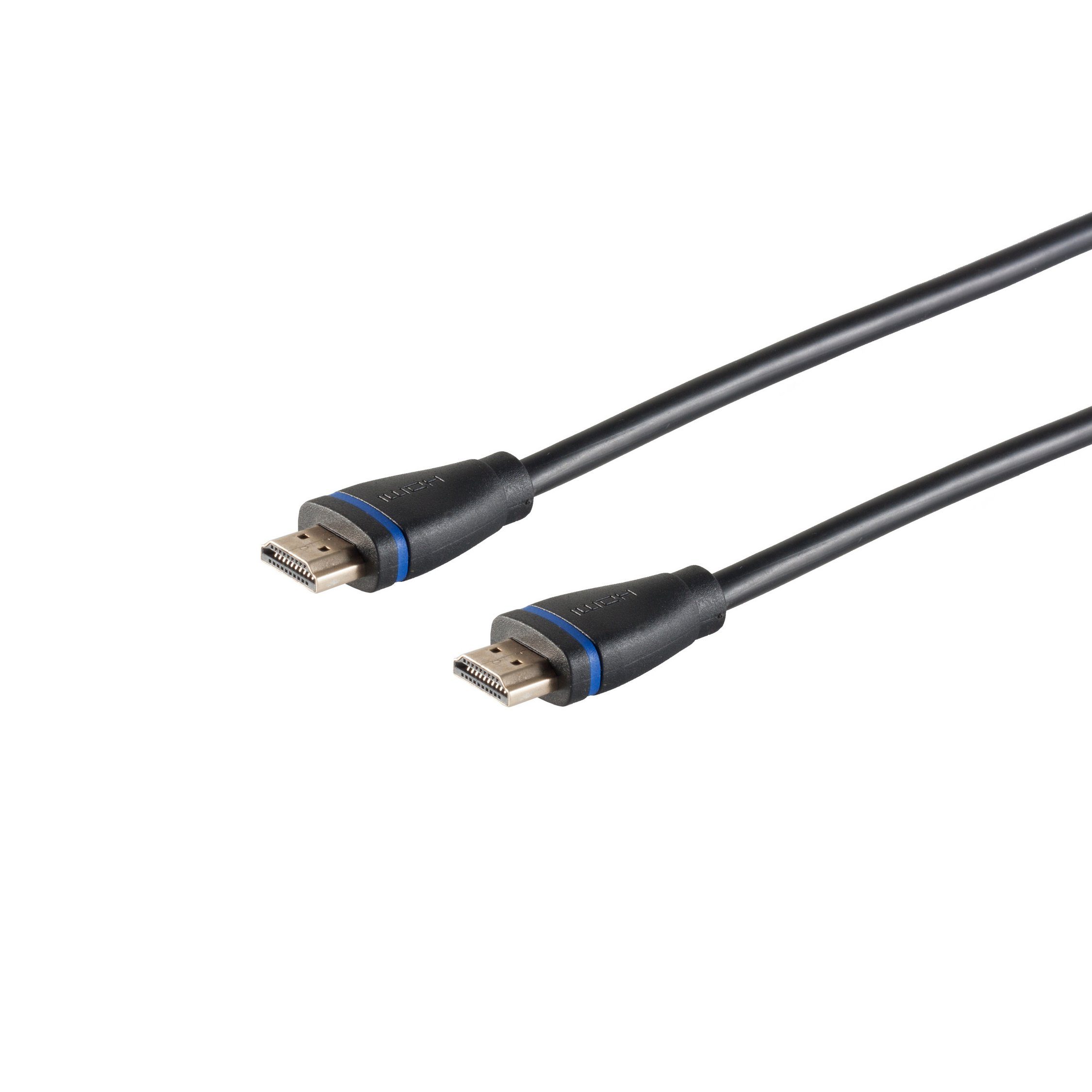 Zwei schwarze HDMI-Kabel mit blauen Akzenten an den Steckern, isoliert auf weißem Grund.