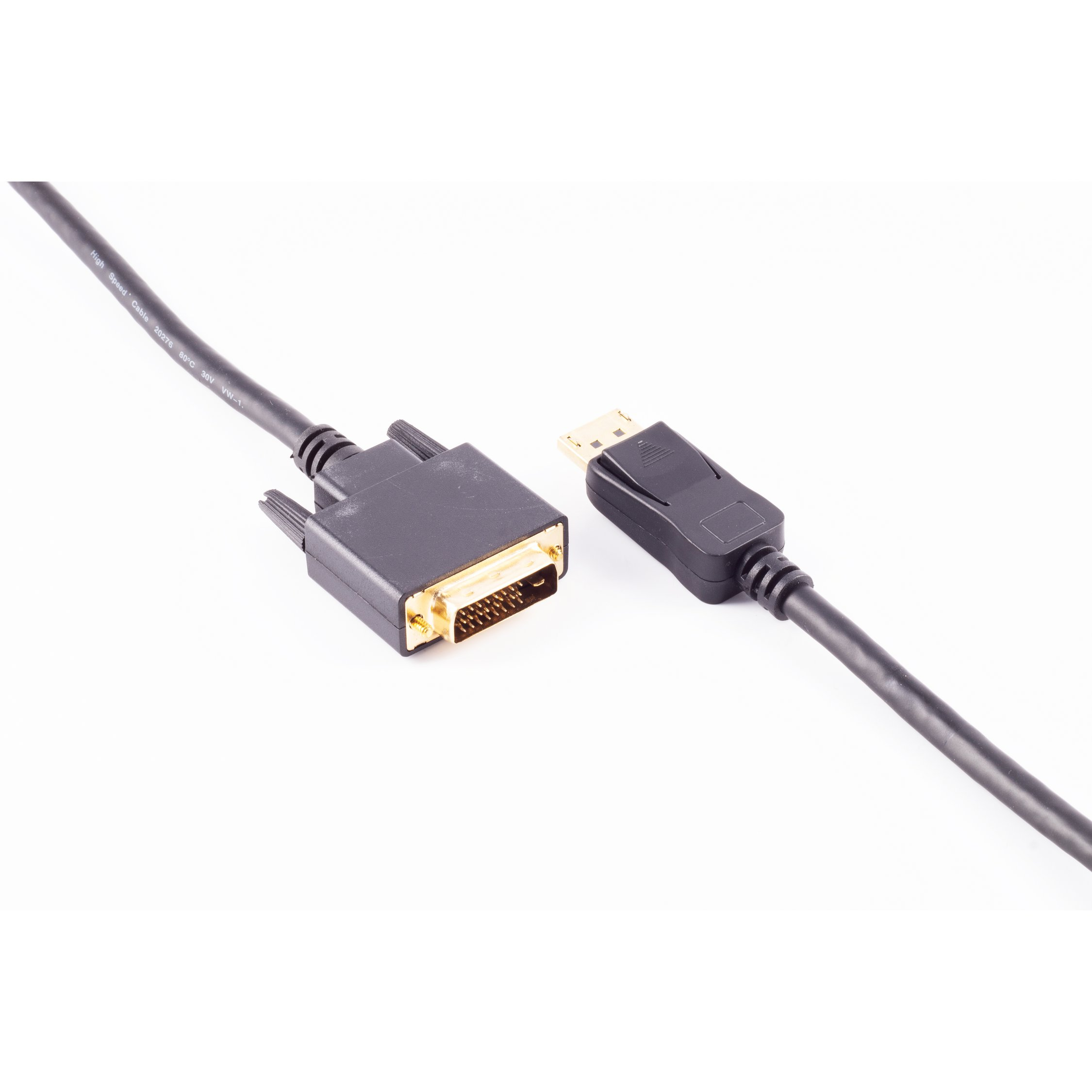 Un cavo da DVI a DisplayPort nero con connettori a ciascuna estremità su sfondo bianco.