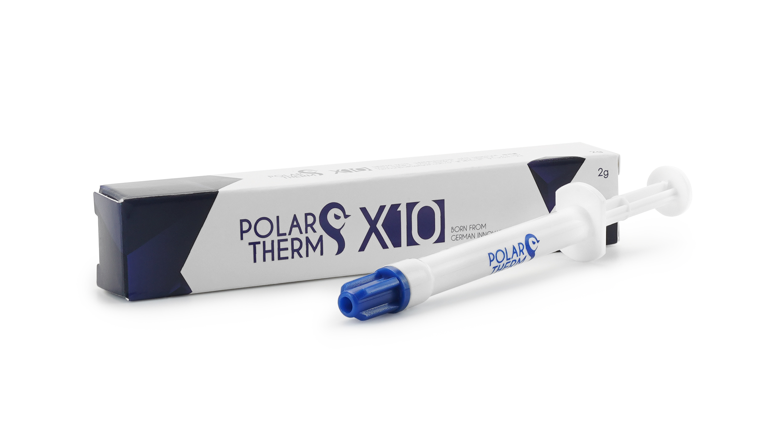 Mavi uçlu beyaz şırınga, beyaz ve mavi bir kutunun yanında. Etikette Polartherm X10 yazıyor.