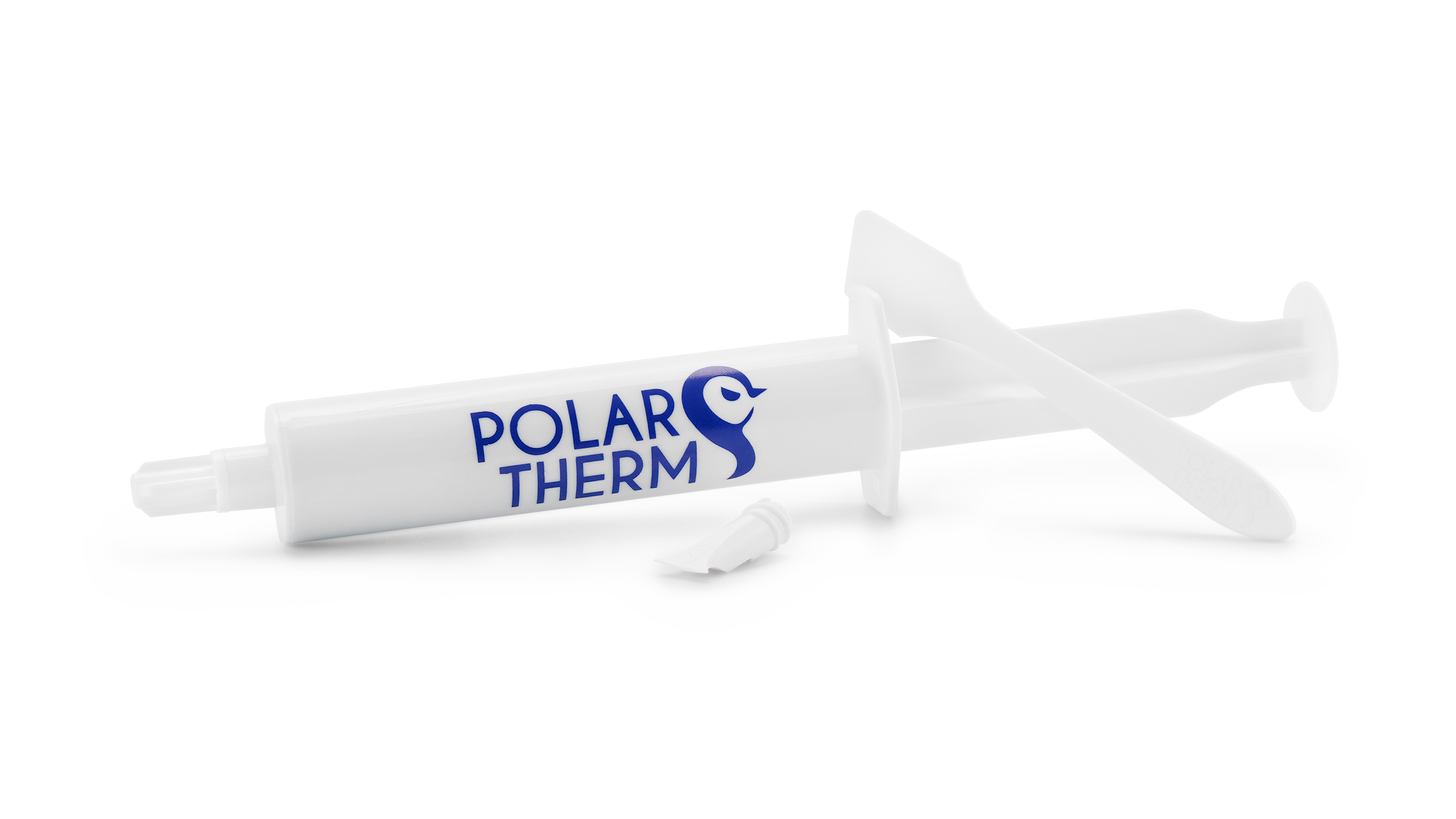 Weiße Spritze mit blauem POLAR THERM Logo, Teile und weißem Hintergrund.