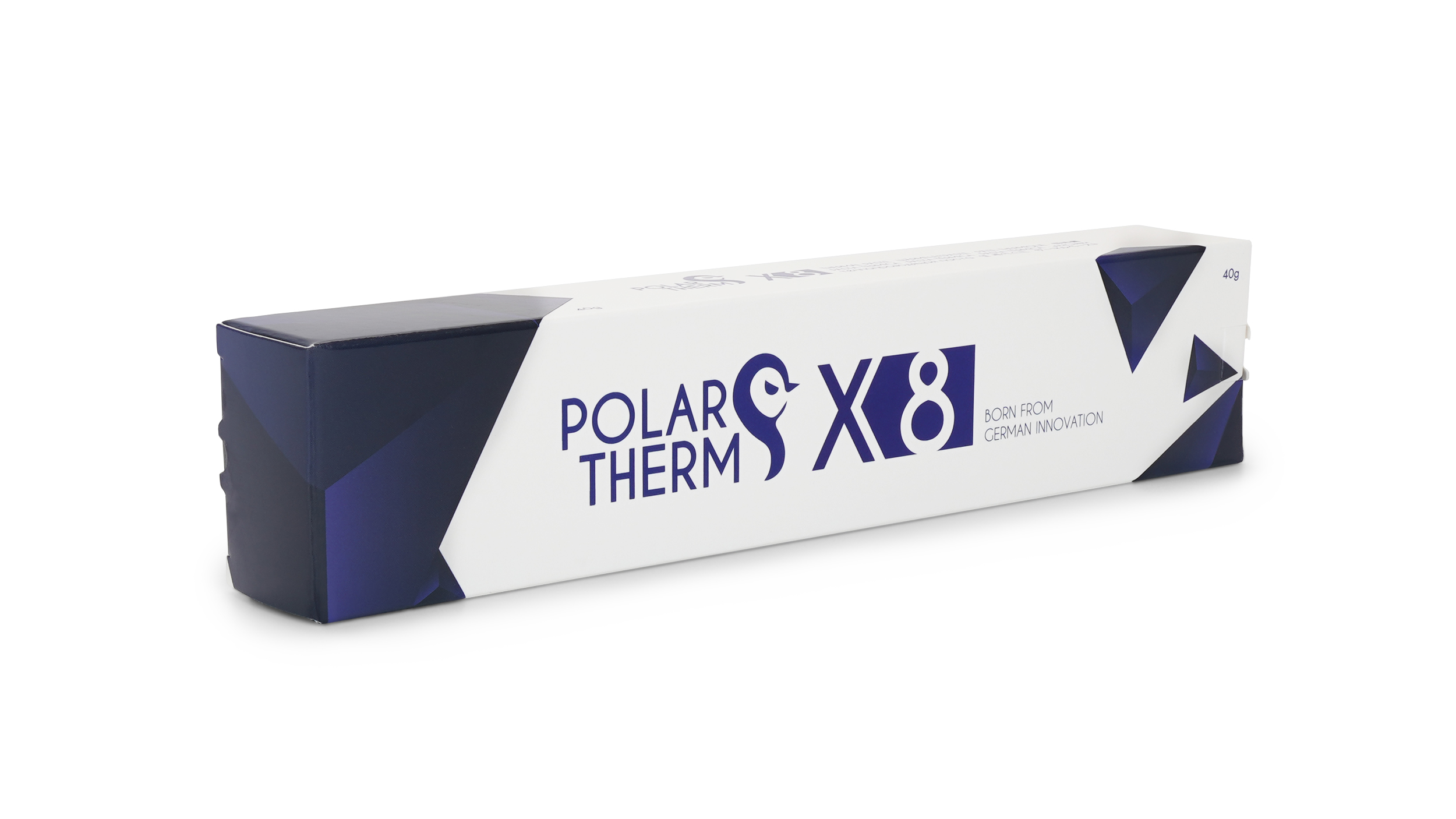 Eine rechteckige, weiß-blaue Schachtel mit 'POLAR THERM X8' und einem Pinguin-Logo auf weißem Hintergrund.
