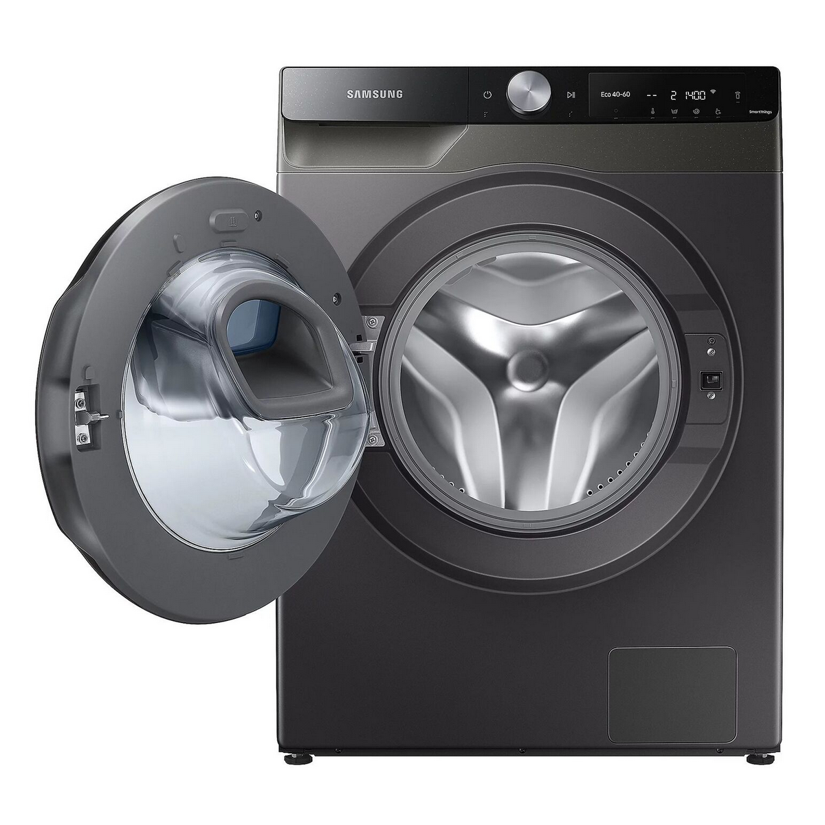 Dunkelgraue Waschmaschine mit offener Tür, schwarzem Innenraum und Digitalanzeige.