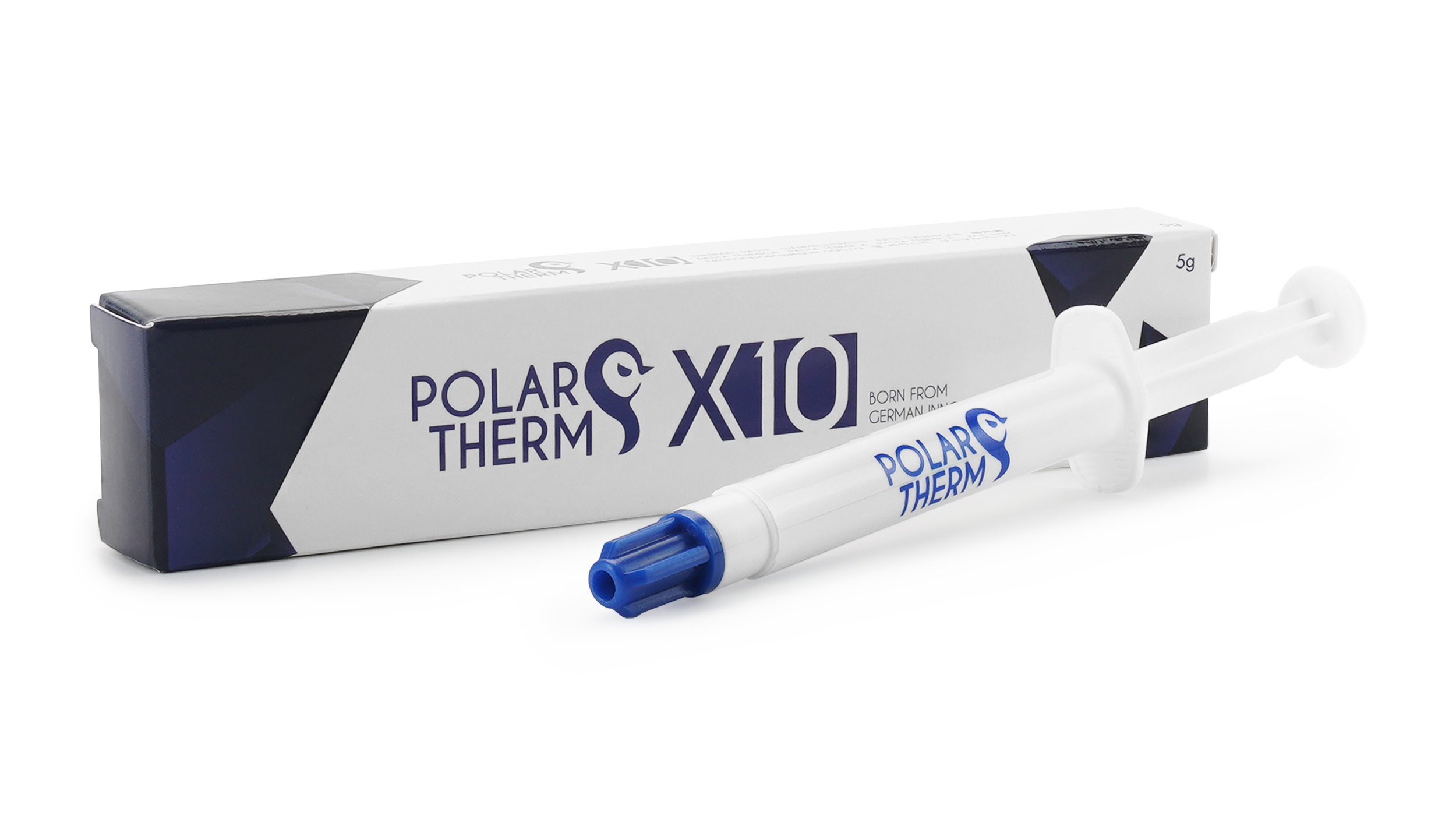 POLAR THERM X10 termal macun tüpü ve kutu. Tüpün mavi ucu var. Arka plan beyaz.