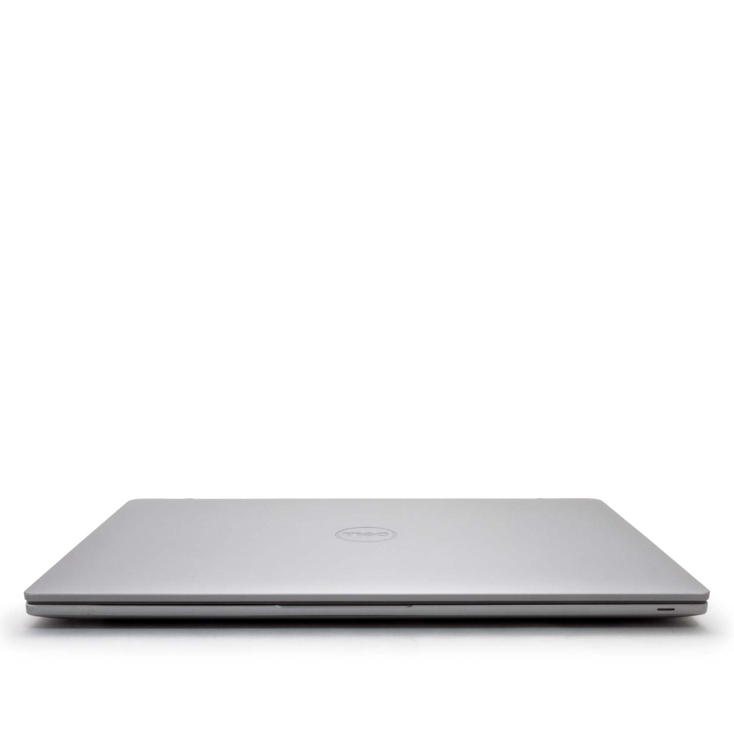 Silberner Laptop, geschlossen. Dell-Logo auf dem Deckel. Weißer Hintergrund, klare Linien.