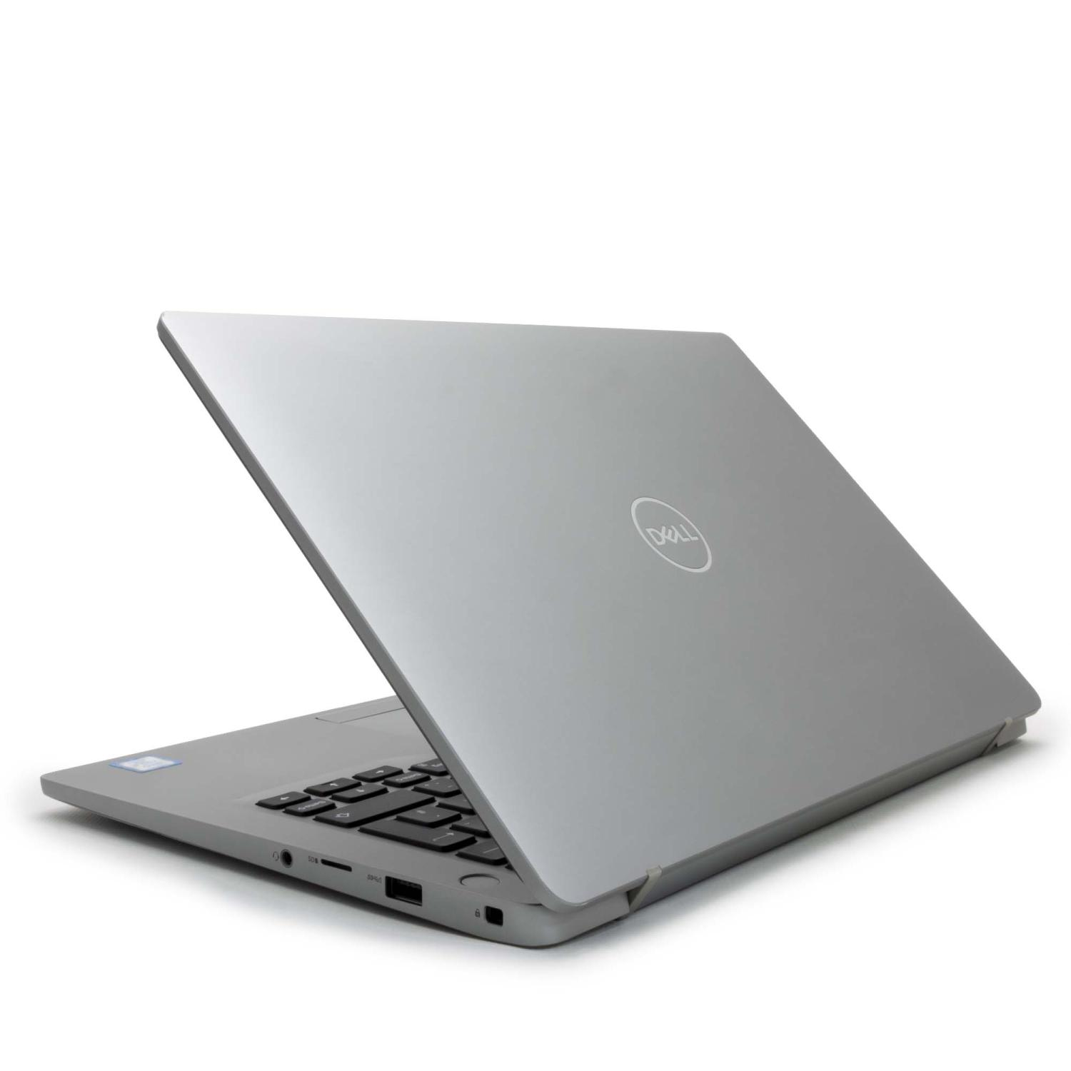 Silberner Laptop, in einem Winkel geöffnet, mit einem Dell-Logo auf der Rückseite. Weißer Hintergrund.