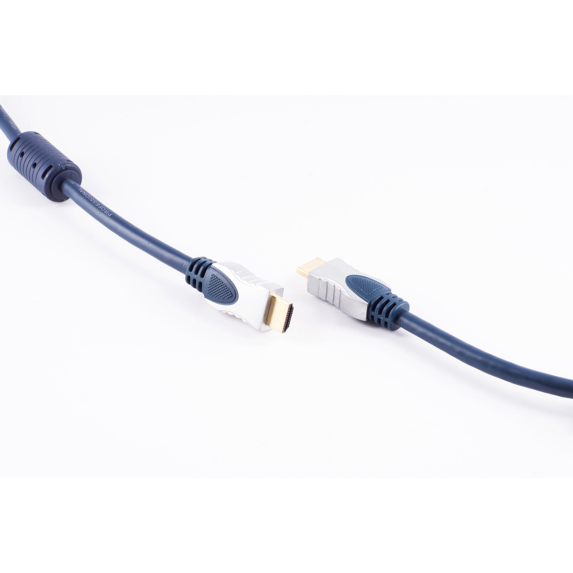Ein HDMI-Kabel mit Anschlüssen an jedem Ende. Das Kabel ist dunkelblau.