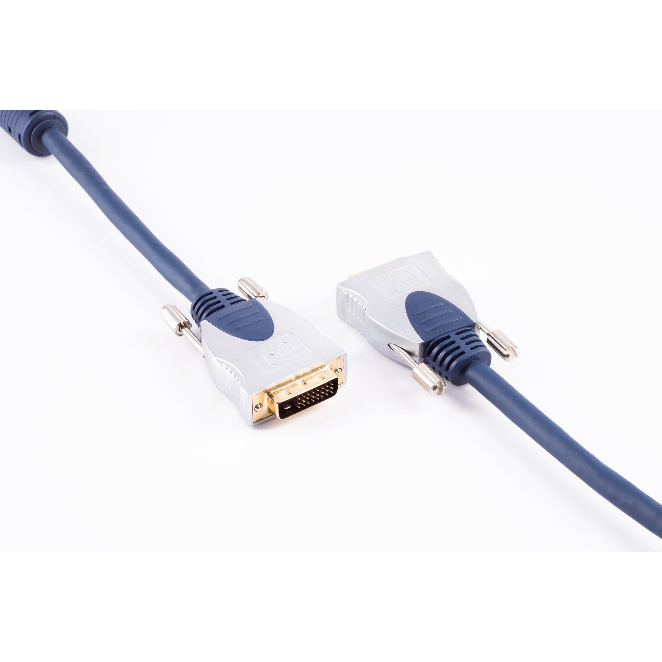 Blaues DVI-Kabel mit Metallsteckern auf weißem Hintergrund.