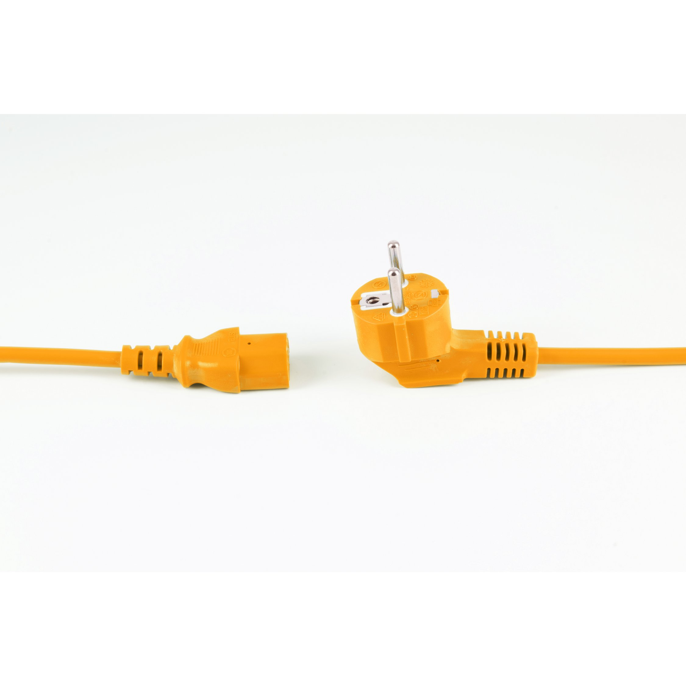 Orangenes Stromkabel mit zwei getrennten Steckern, weißer Hintergrund.