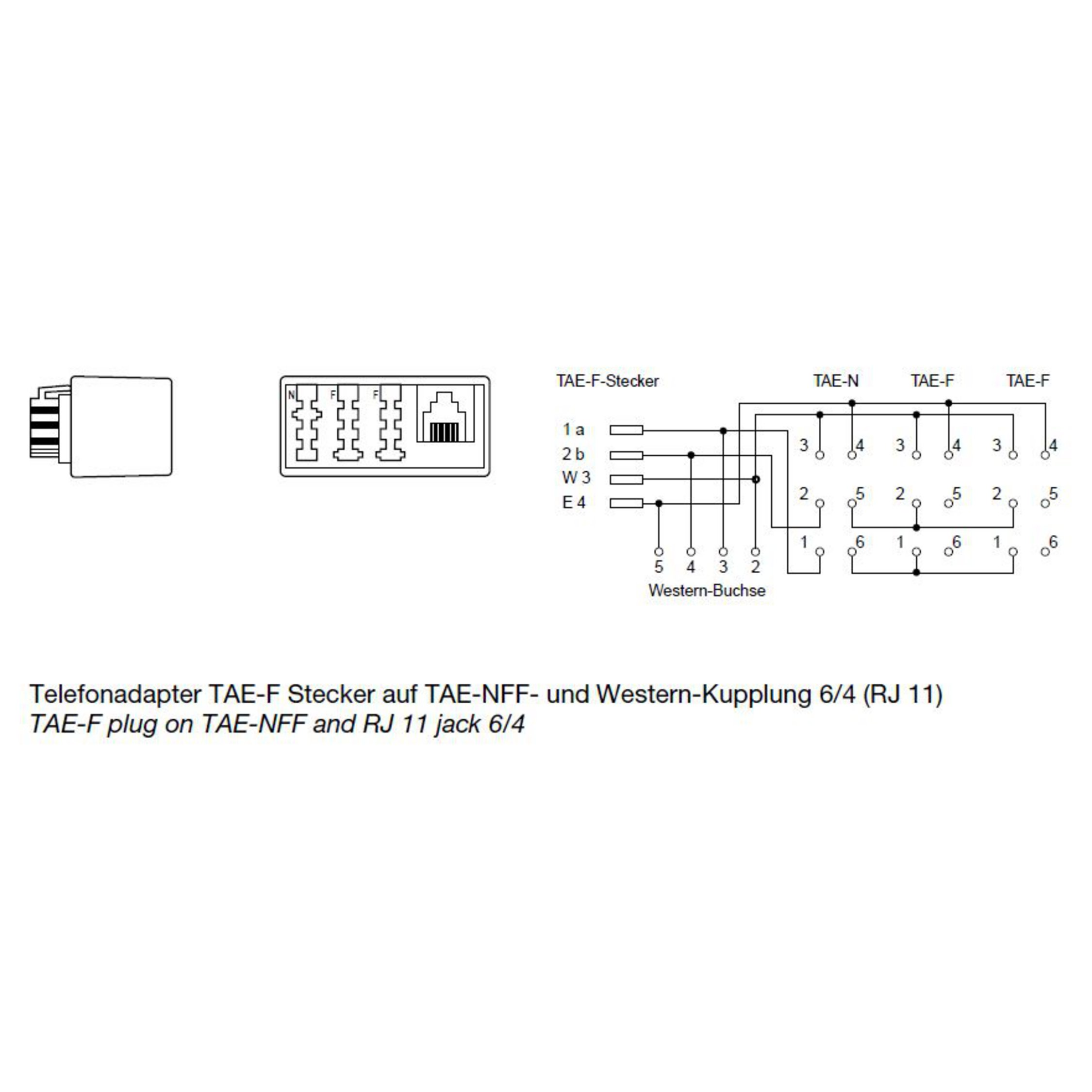 Ein Schaltplan für einen Telefonadapter. Beinhaltet einen TAE-F-Stecker und eine TAE-NFF-Western-Kupplung.