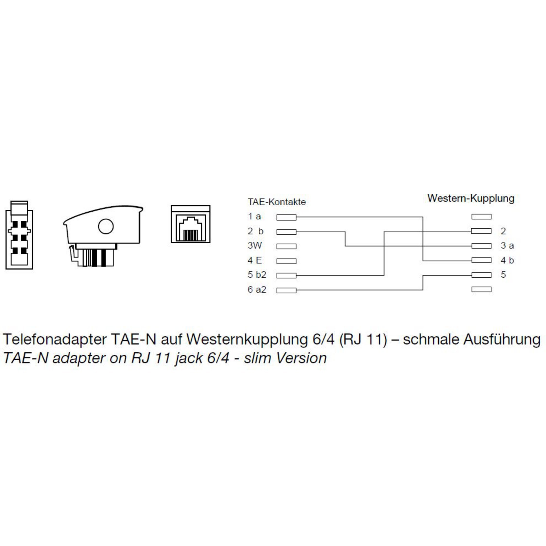 Ein Diagramm, das die Anschlüsse für einen TAE-N-Adapter an einer RJ11-Buchse 6/4 zeigt, mit deutschem Text.