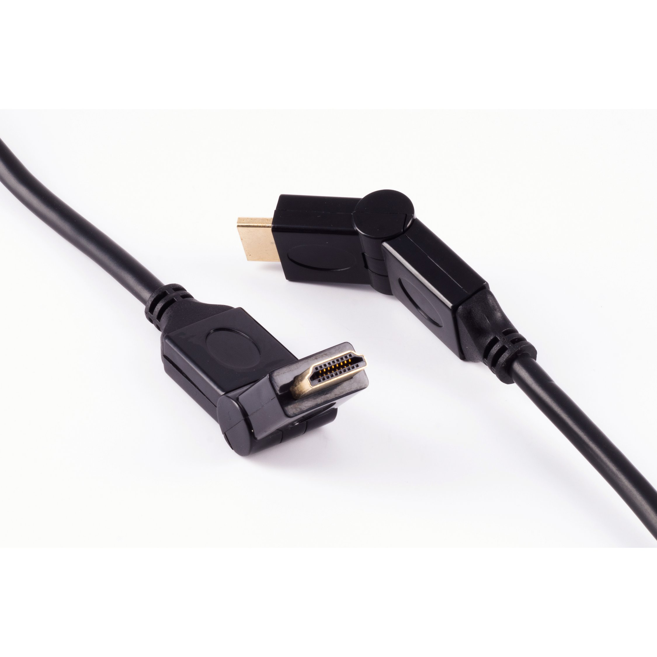 Schwarzes HDMI-Kabel mit abgewinkelten Steckern, auf weißem Hintergrund, Nahaufnahme.