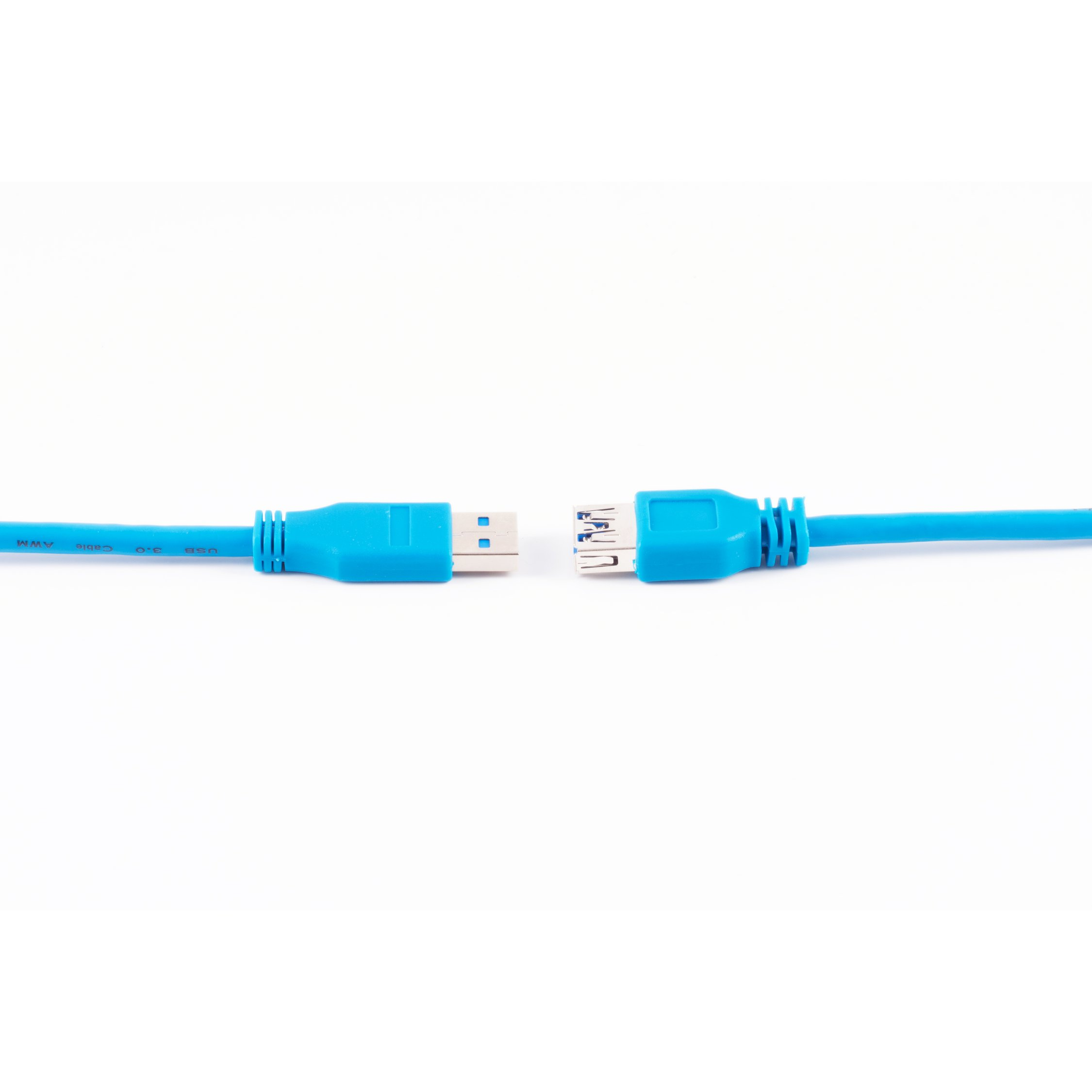 Due cavi USB, uno blu e uno con connettore USB-A. Sfondo bianco.
