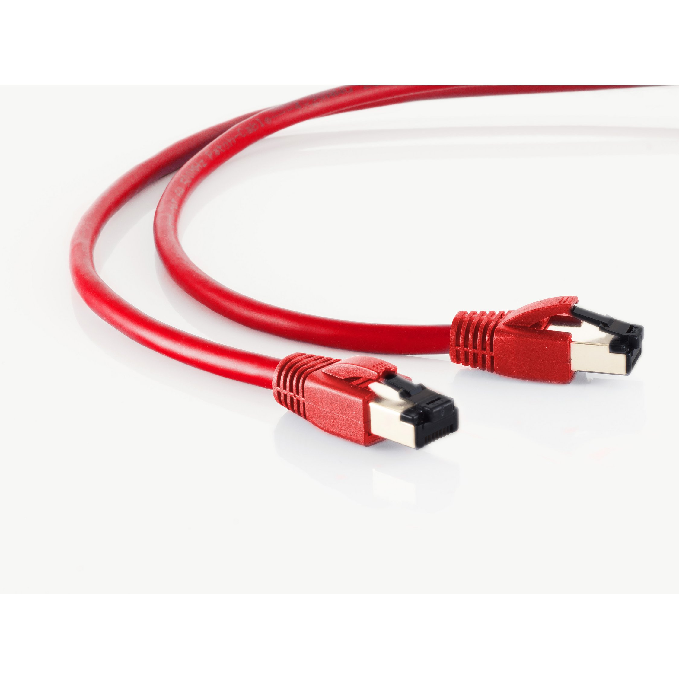 Cavo Ethernet rosso con connettori su sfondo bianco.