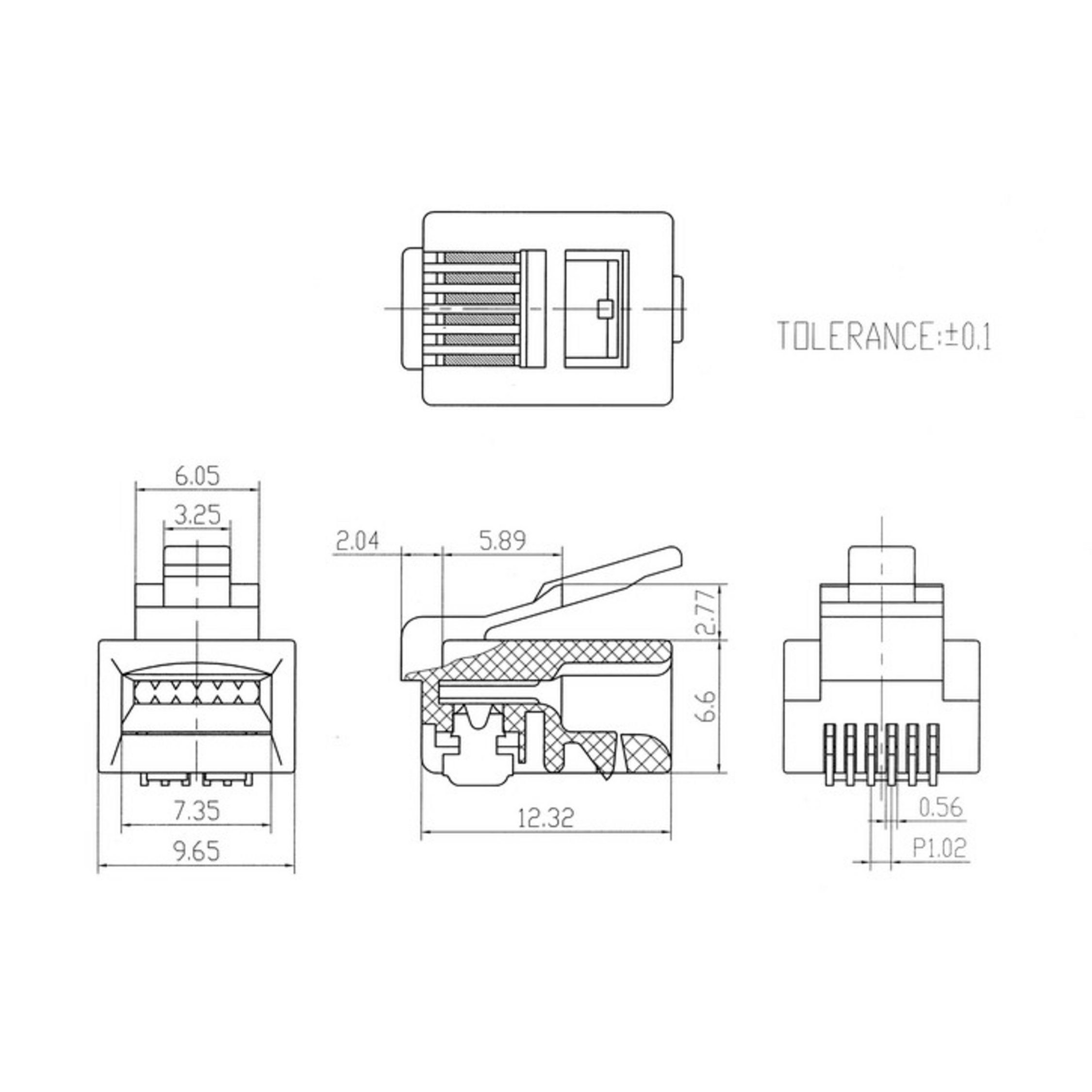 Technische Zeichnung eines RJ45-Steckers mit Abmessungen und Details.