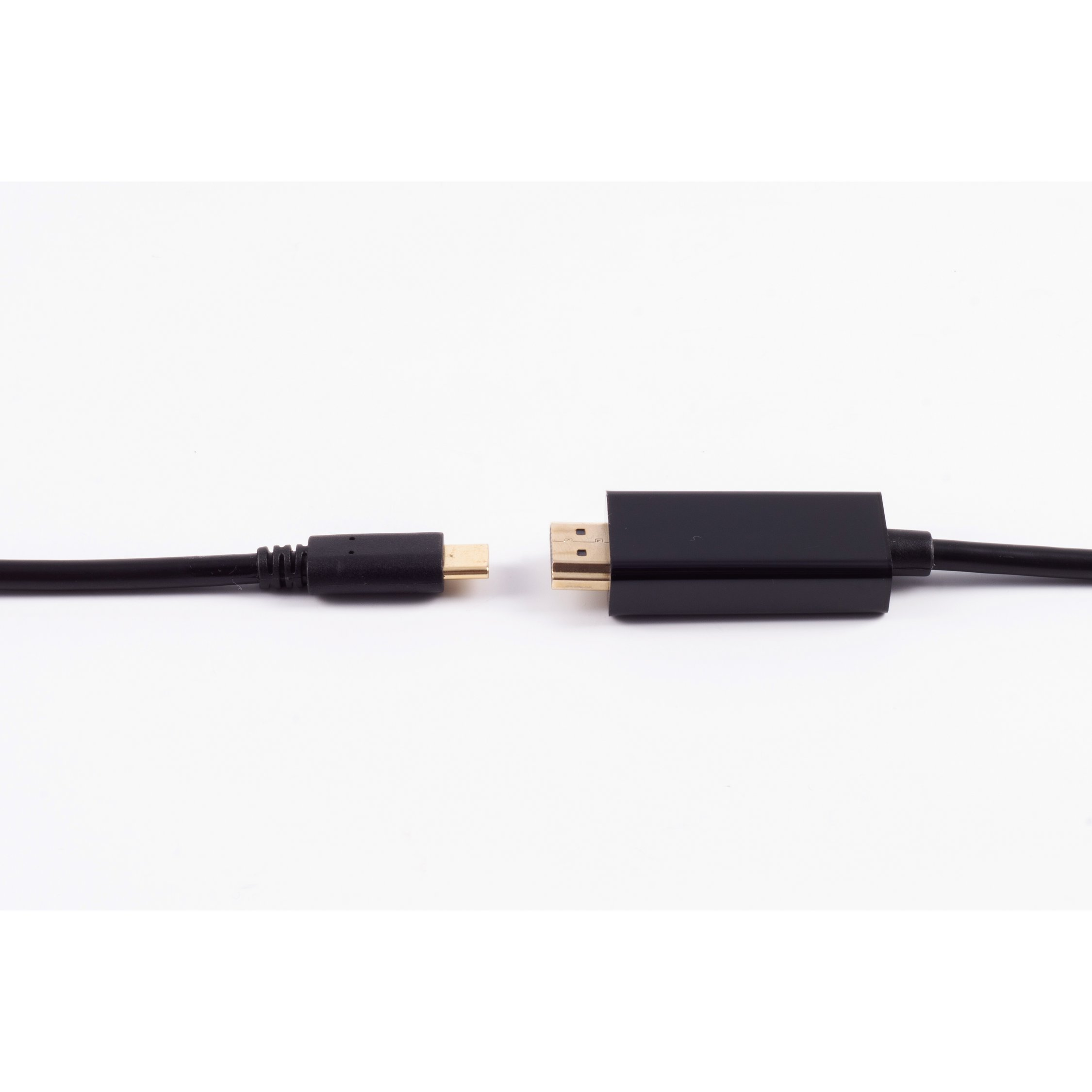 Schwarzes HDMI-Kabel mit zwei Anschlüssen, USB-C und HDMI, auf weißem Untergrund.