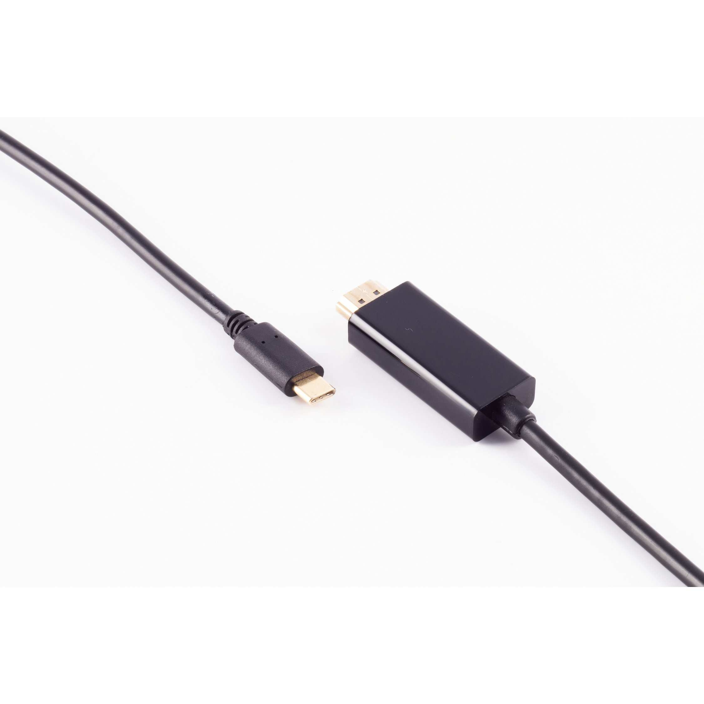 Ein schwarzes USB-C-zu-HDMI-Kabel, getrennt, auf weißem Hintergrund.
