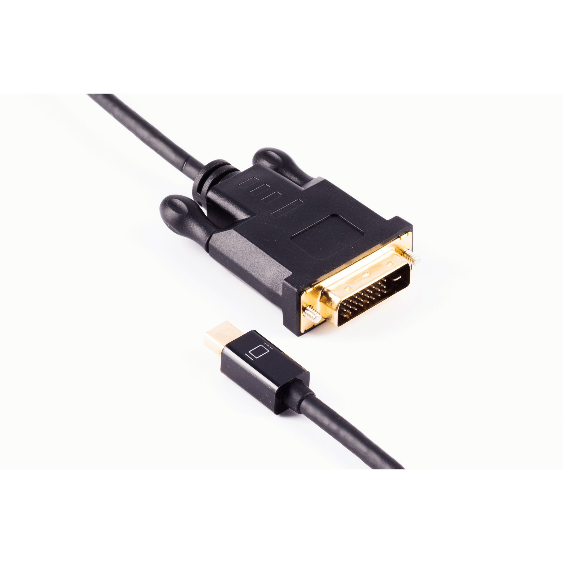 Connettore DVI nero e cavo con connettore USB-C su sfondo bianco, angolato, con connettori in alto.