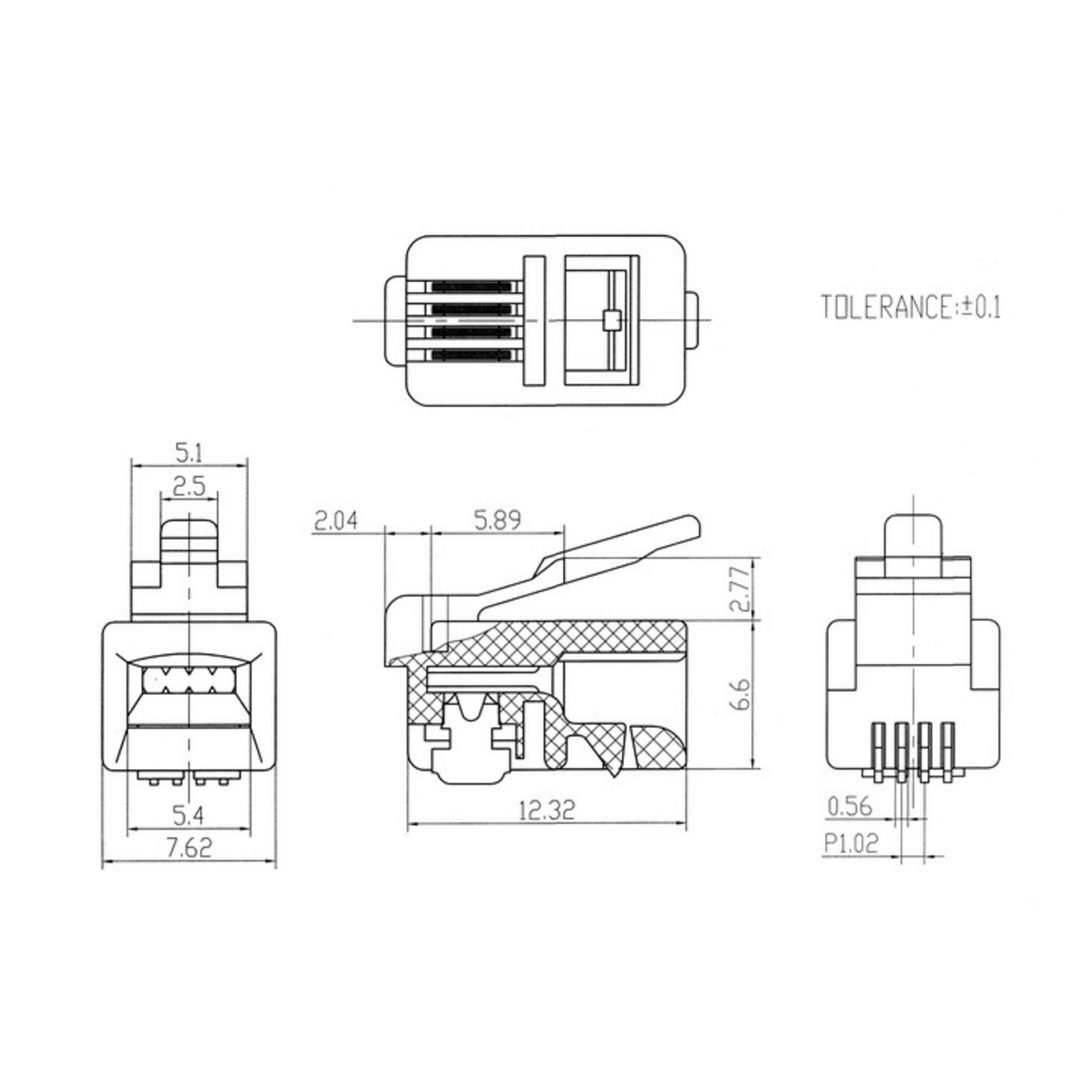 Diagramm eines Telefonanschlusses mit Maßen. Verschiedene Ansichten des Steckers sind detailliert dargestellt.