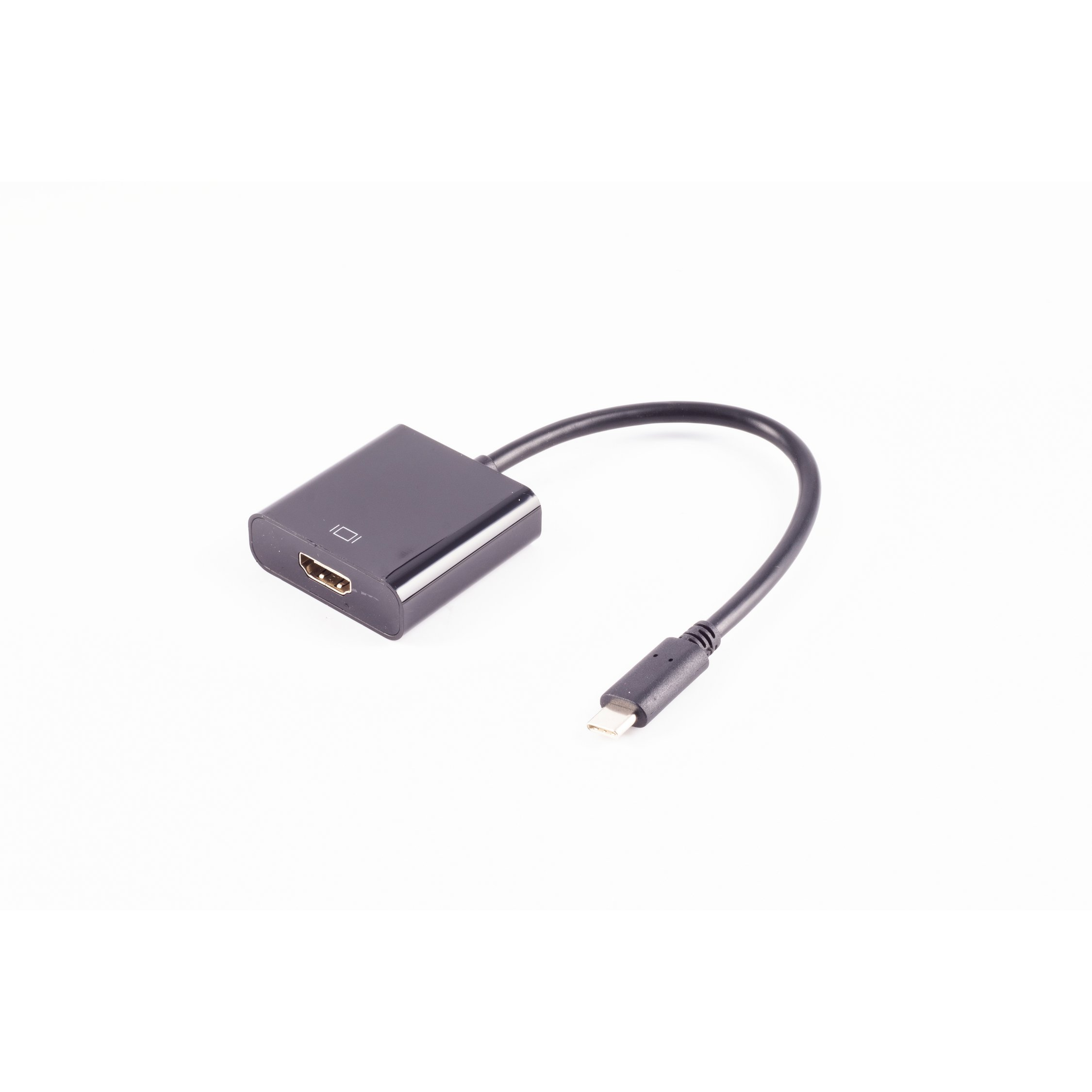 Schwarzer HDMI-zu-USB-C-Adapter mit kurzem Kabel auf weißem Hintergrund.