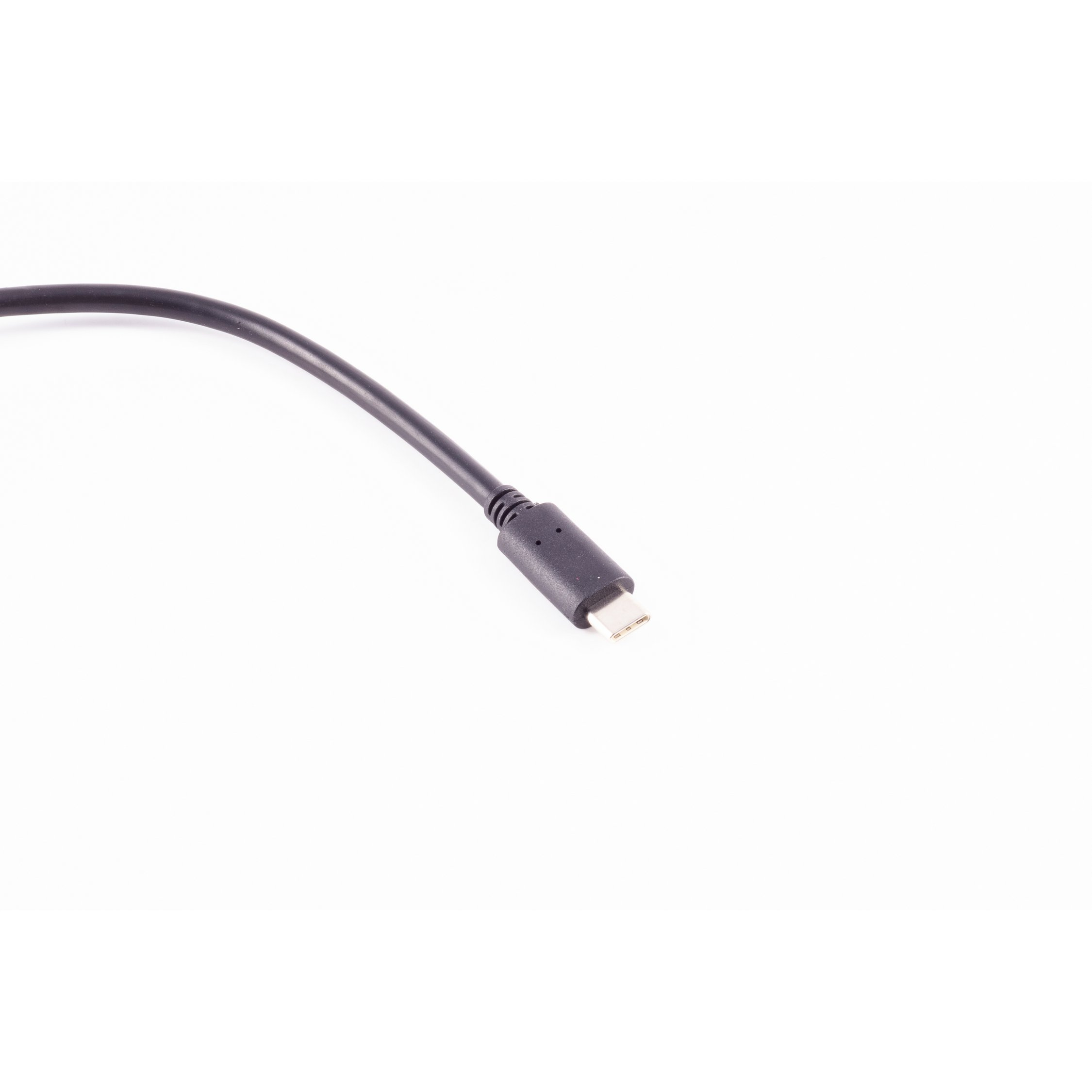 Ein schwarzes USB-C-Kabel, ein Ende ist mit einem schwarzen Stecker verbunden.