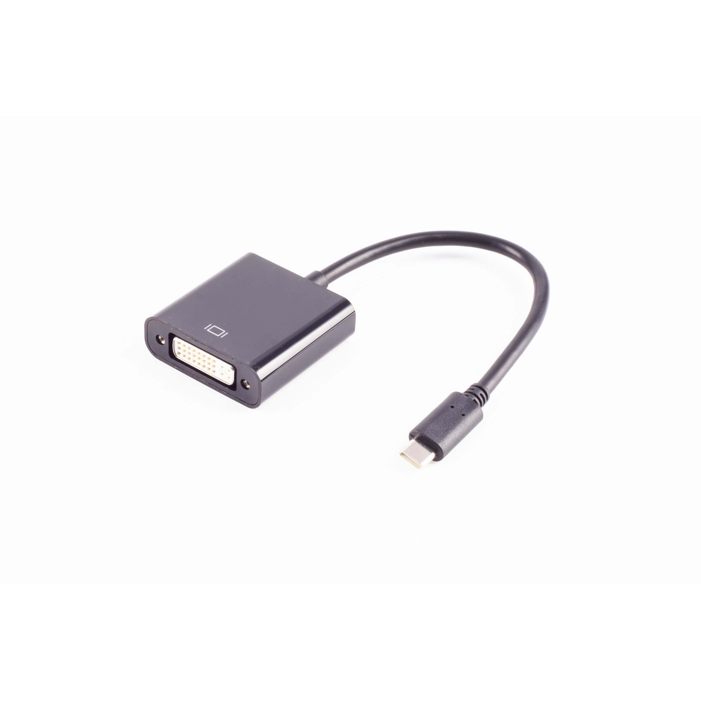 Ein schwarzer DVI-zu-USB-C-Adapter mit einem gebogenen Kabel. Er befindet sich auf weißem Hintergrund.
