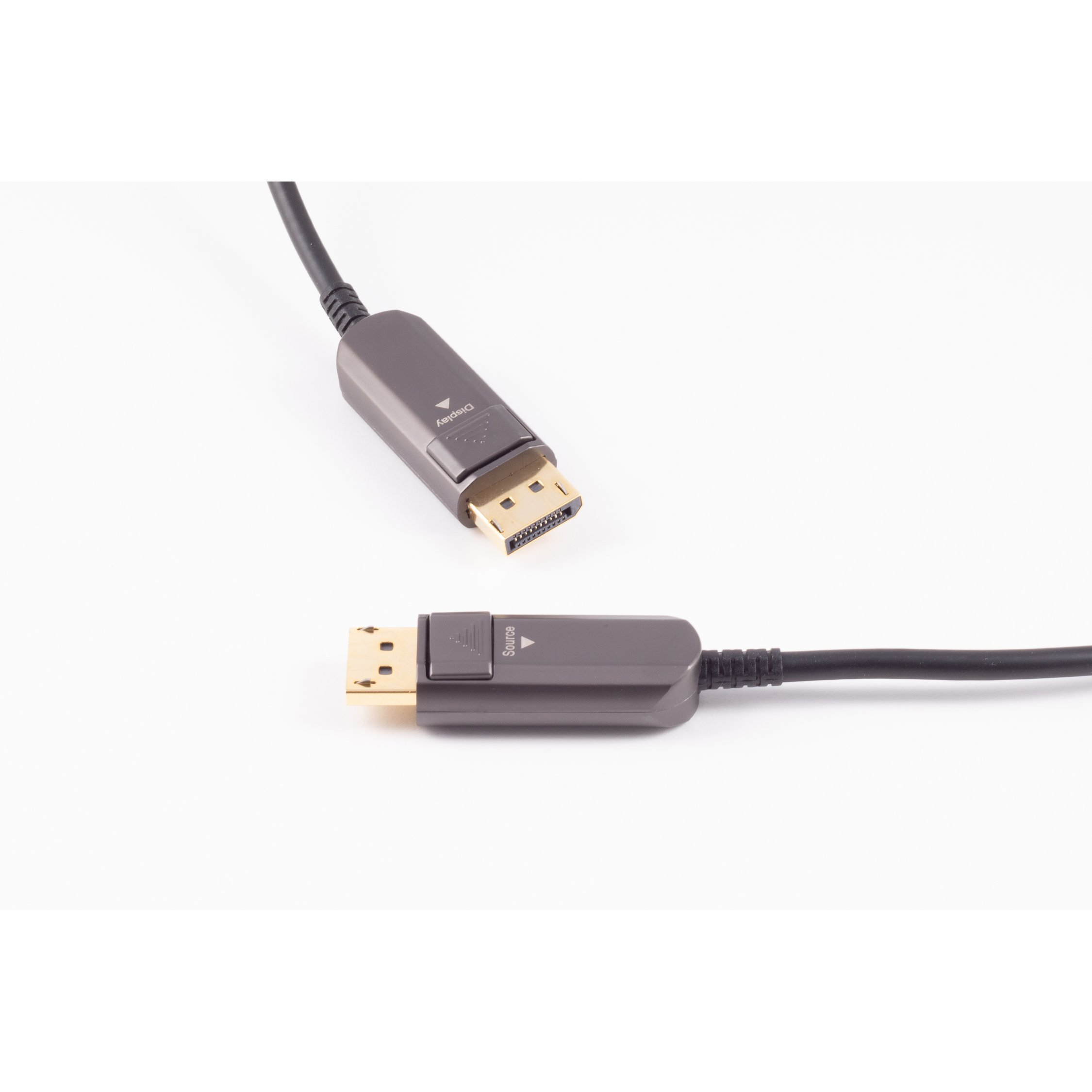 DisplayPort-Kabel mit silbernen Steckern. 'Display'- und 'Source'-Etiketten. Weißer Hintergrund.