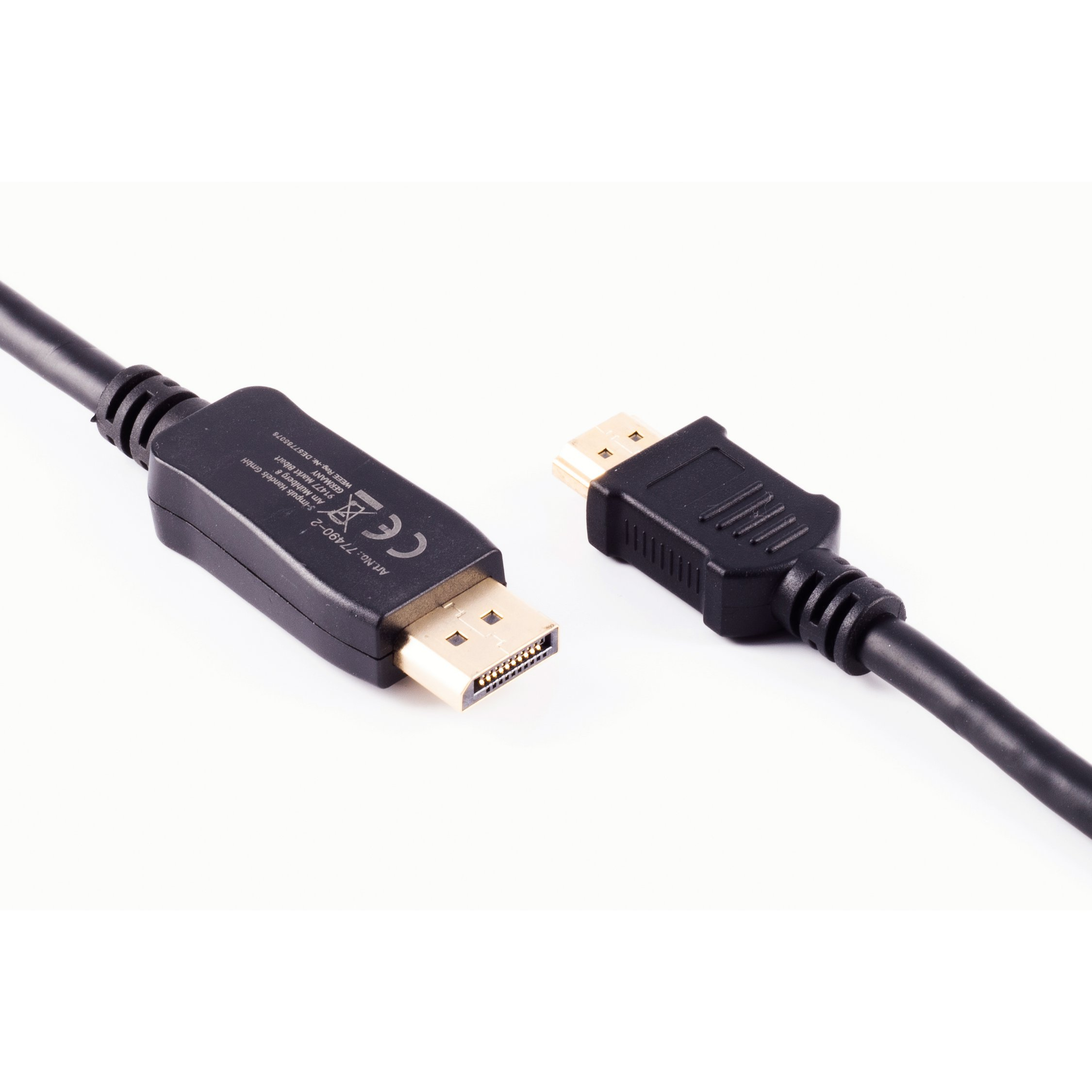 Cable DisplayPort negro con conectores dorados y un cable HDMI negro sobre fondo blanco.