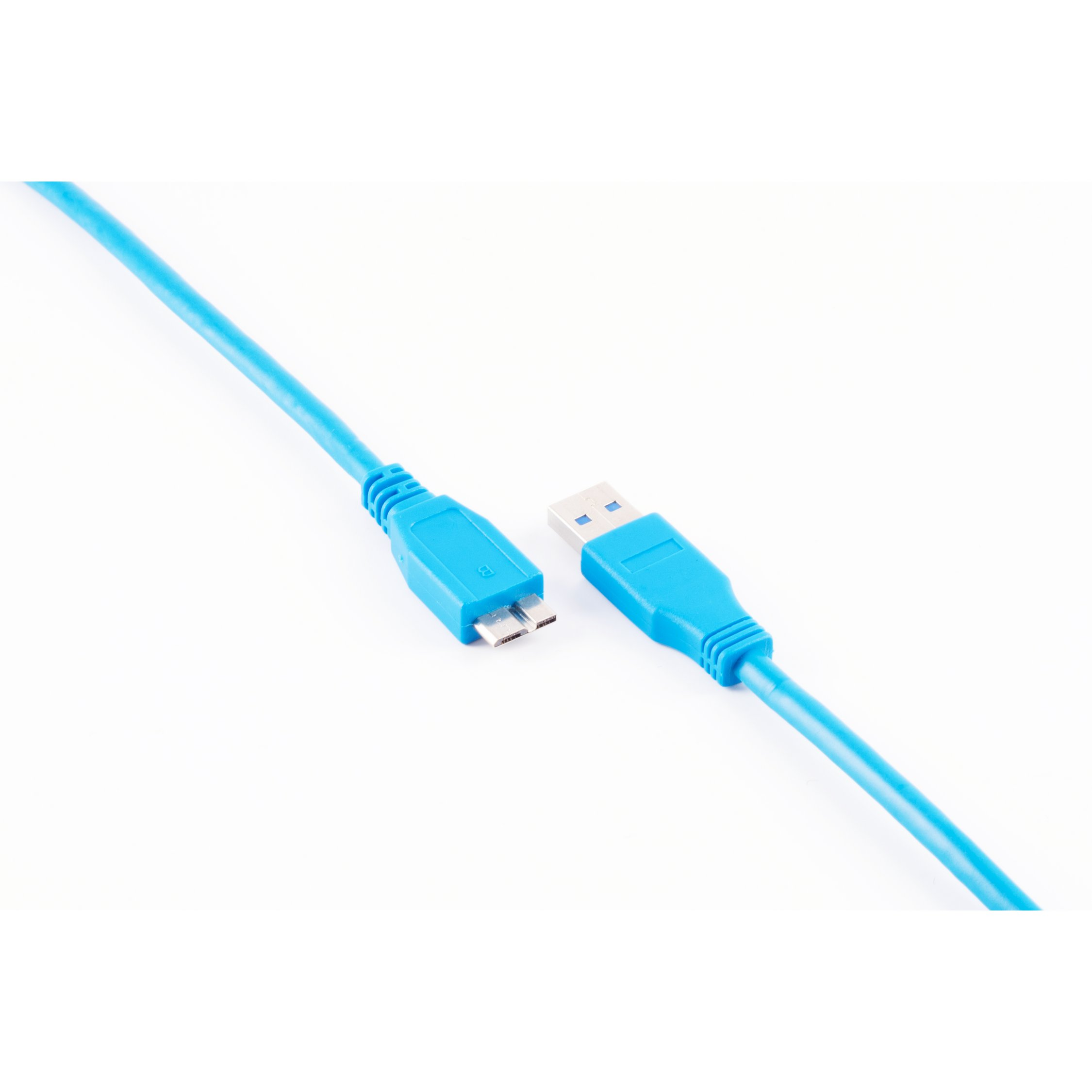 Ein blaues USB-Kabel mit zwei Anschlüssen auf weißem Hintergrund.