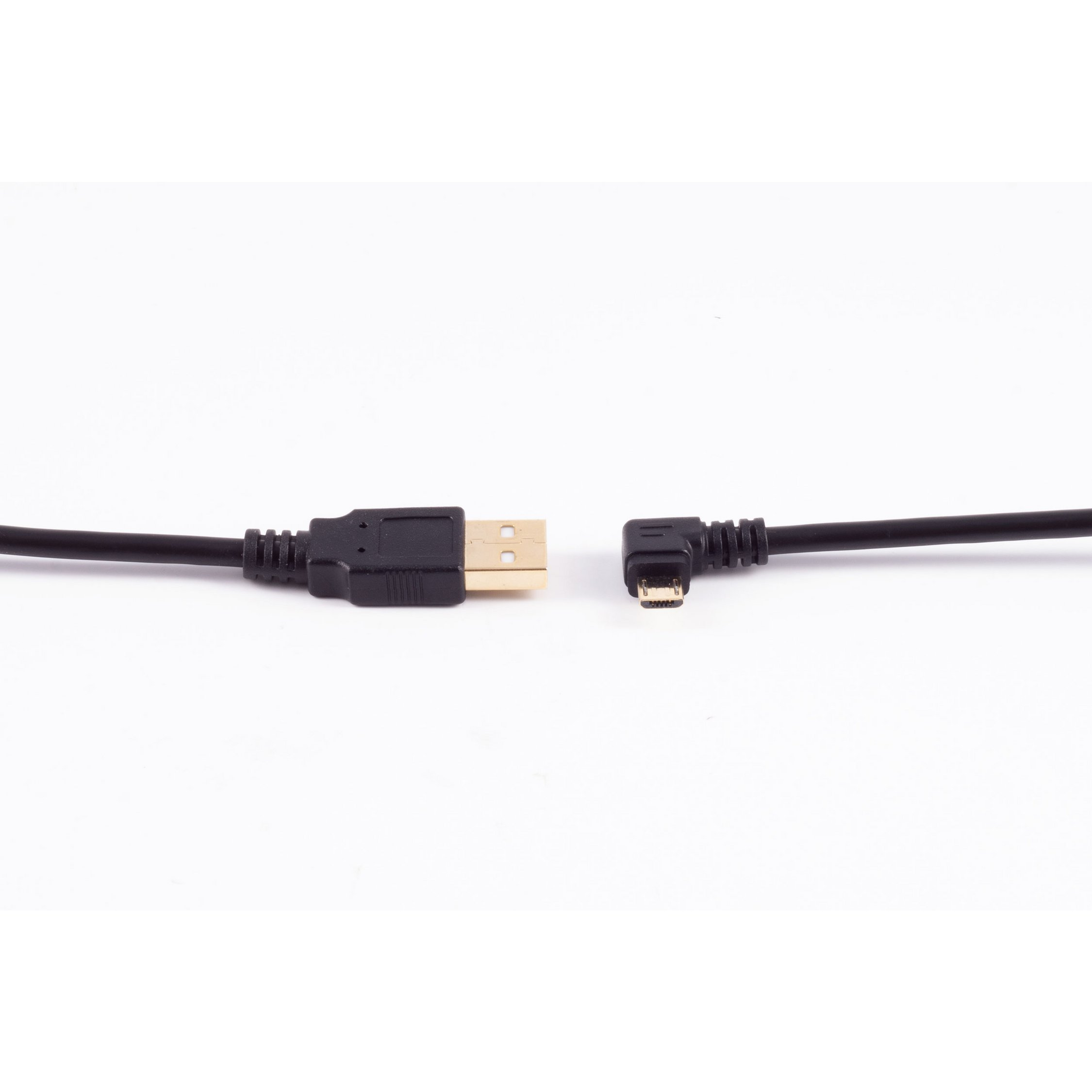 Ein schwarzes USB-Kabel mit einem rechtwinkligen Stecker und einem USB-Stecker.