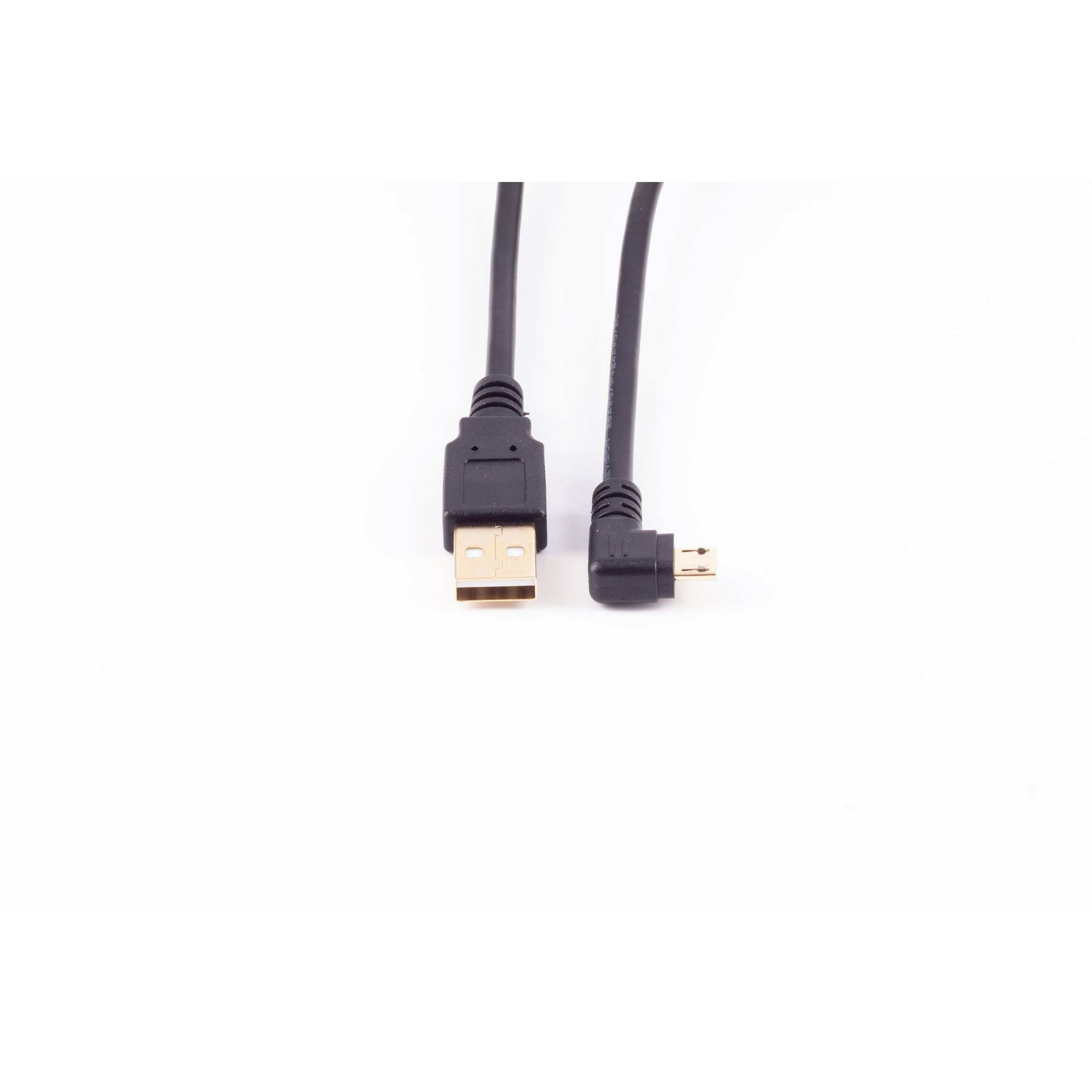 Schwarzes USB-Kabel mit USB-A- und Micro-USB-Anschluss, auf weißem Hintergrund.