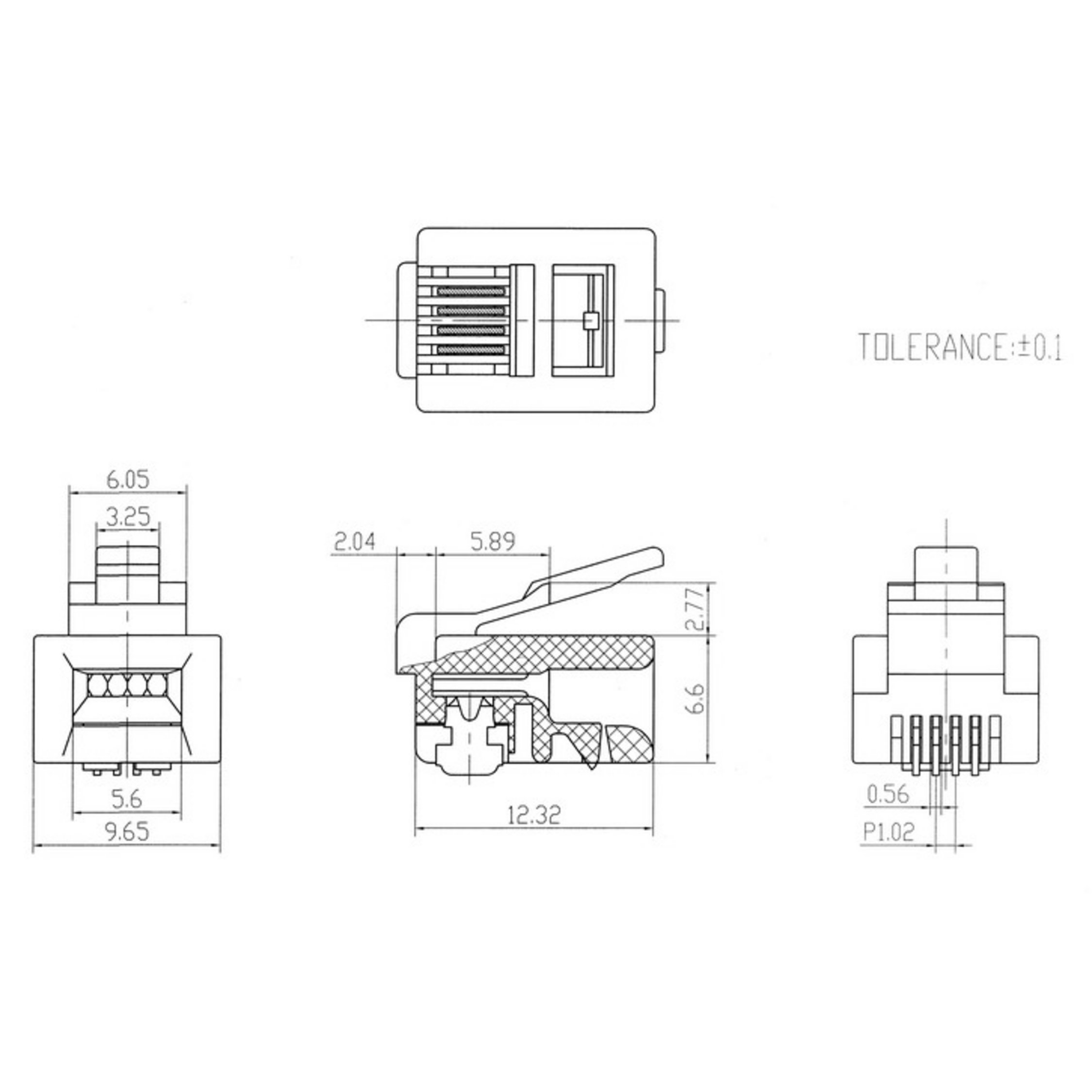 Diagramm eines RJ45-Steckers mit Abmessungen und Maßen.