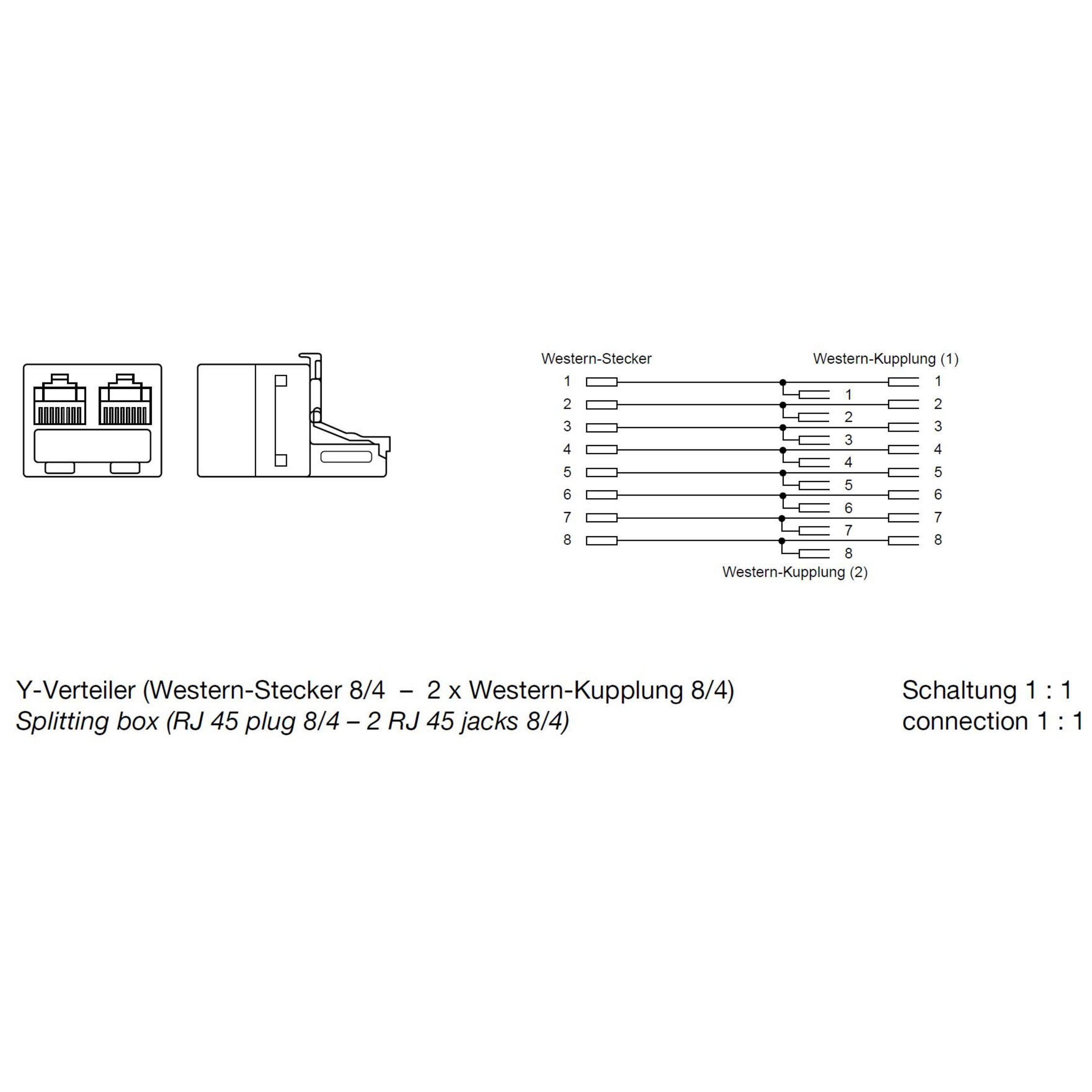 Diagramm eines Y-Splitters mit RJ45-Anschlüssen. Zeigt die Verbindungen für den Stecker und zwei Buchsen.
