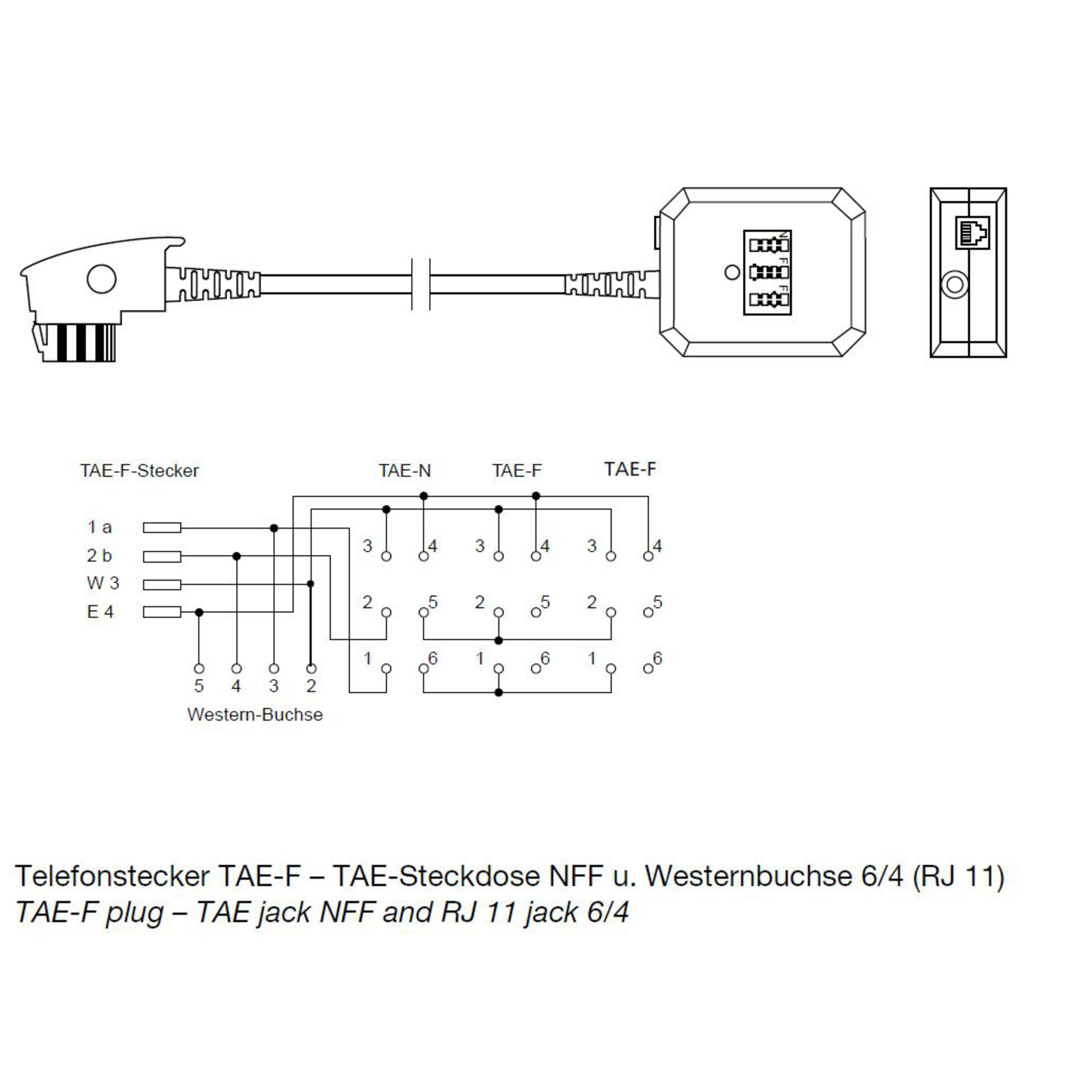 Diagramm von TAE-F-Stecker und TAE-N- und TAE-F-Buchsen. Enthält Verdrahtungspläne.