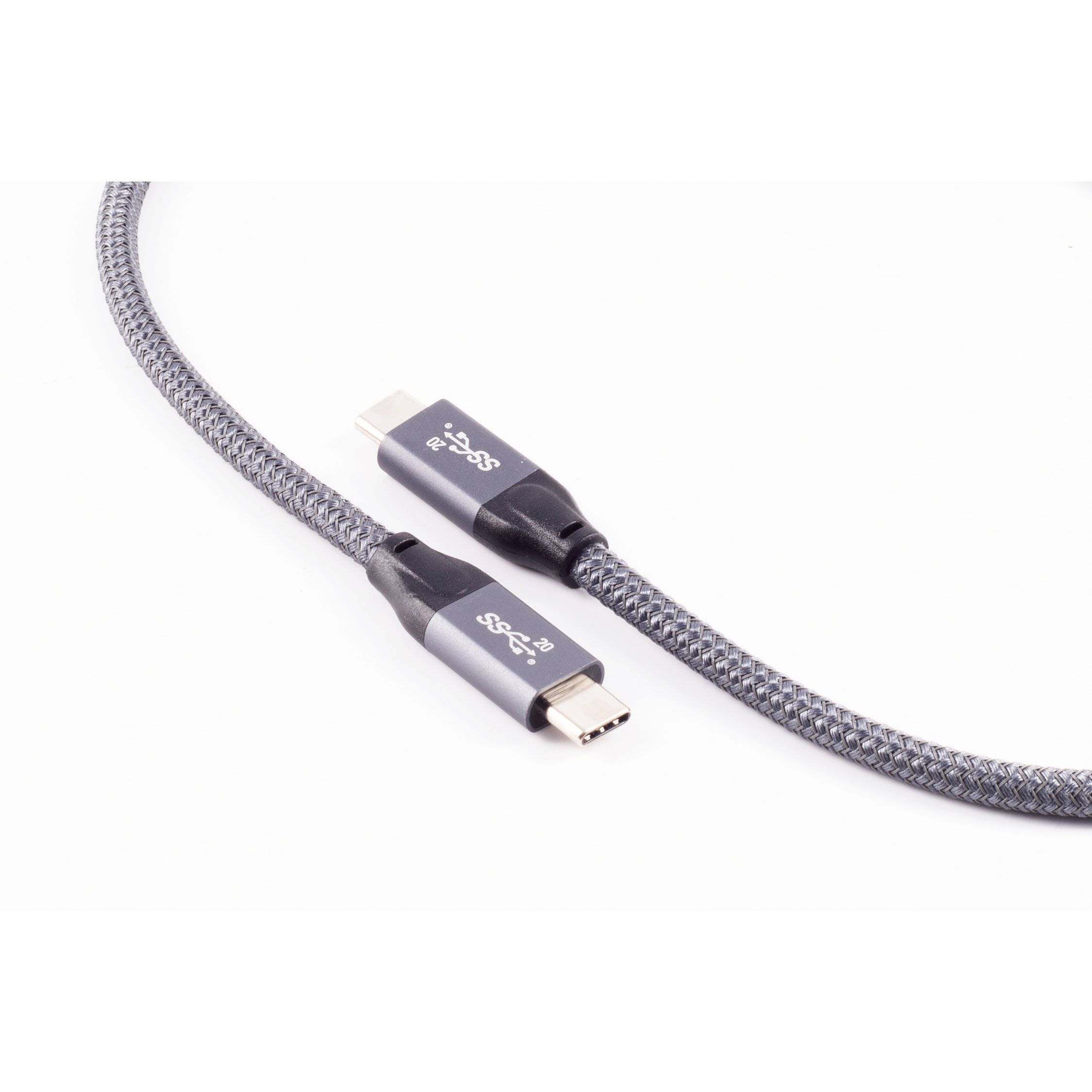 Cavo USB-C intrecciato grigio con connettori USB-C a entrambe le estremità. Sfondo bianco.