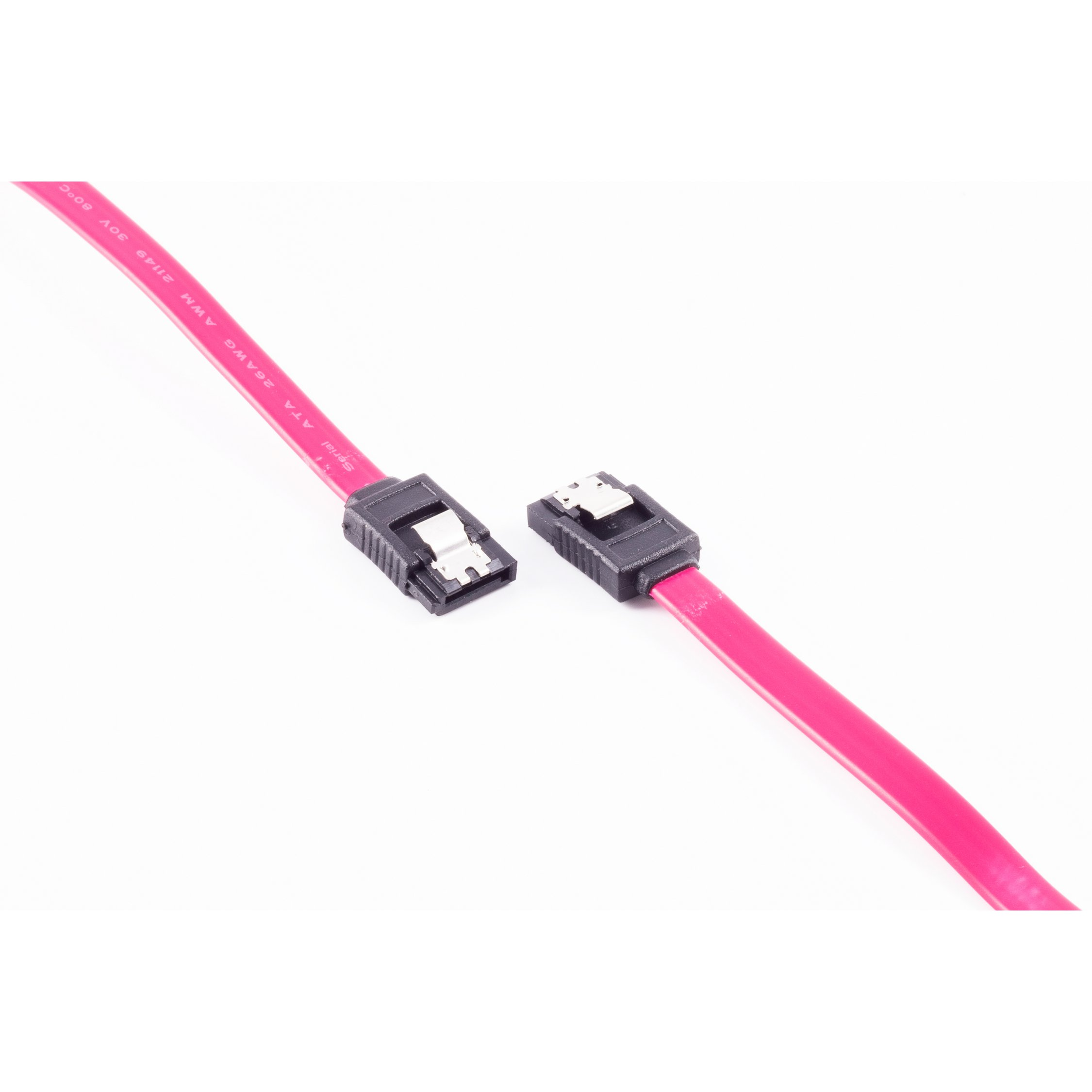Due cavi SATA rosa con connettori neri, su sfondo bianco, isolati per la foto del prodotto.