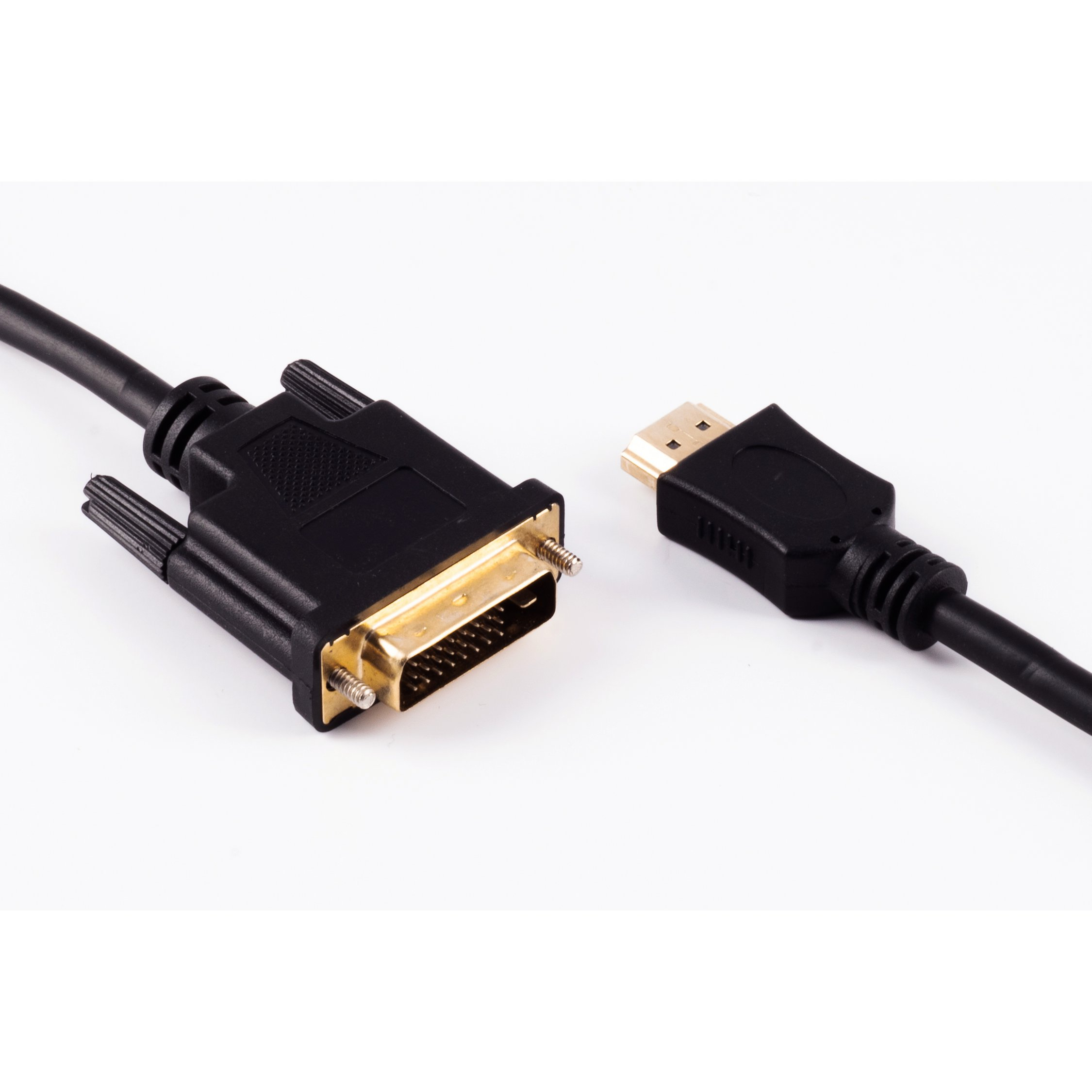 Schwarzes DVI-zu-HDMI-Kabel mit Anschlüssen auf weißem Hintergrund.
