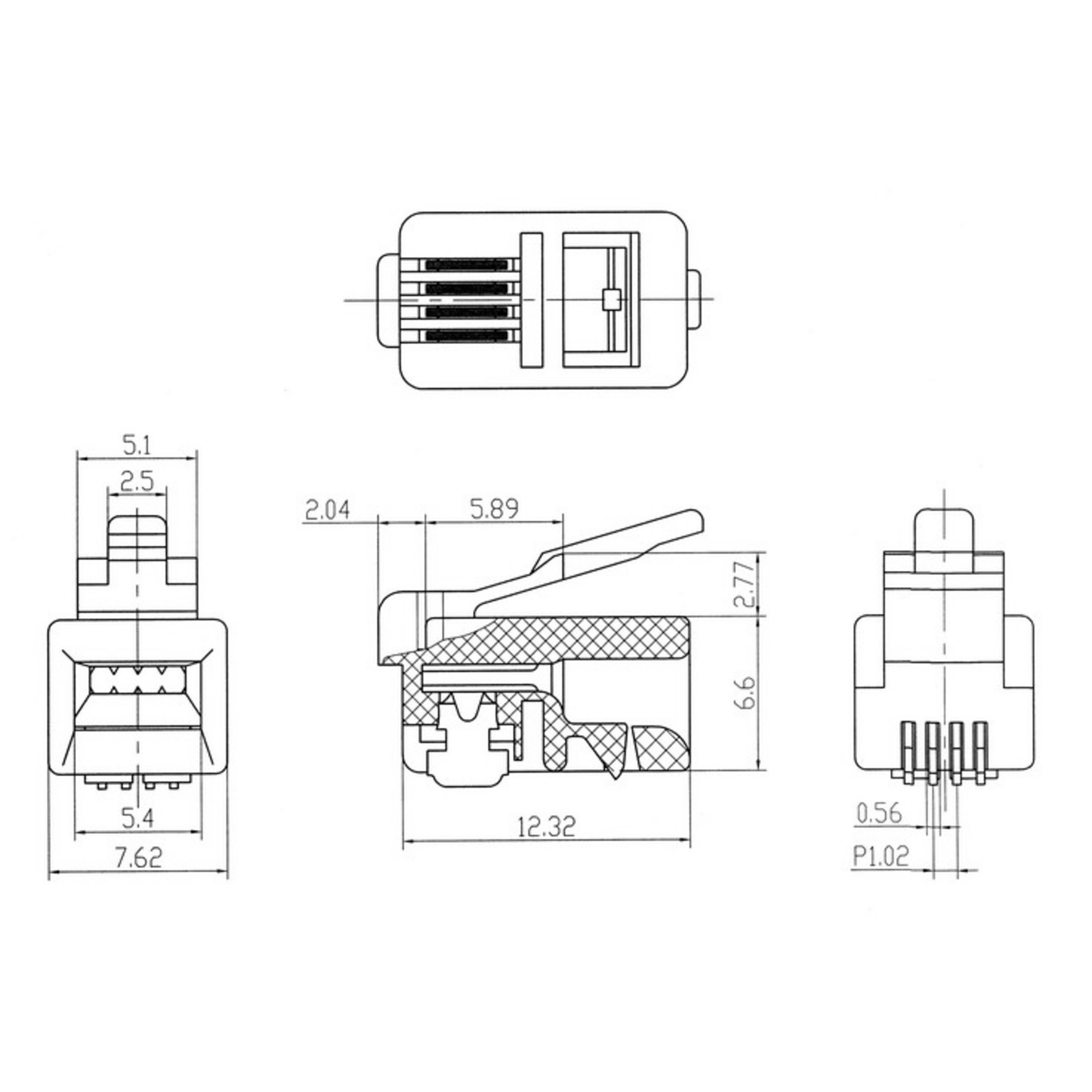 Technische Zeichnung eines RJ45-Steckers mit Abmessungen und Details.