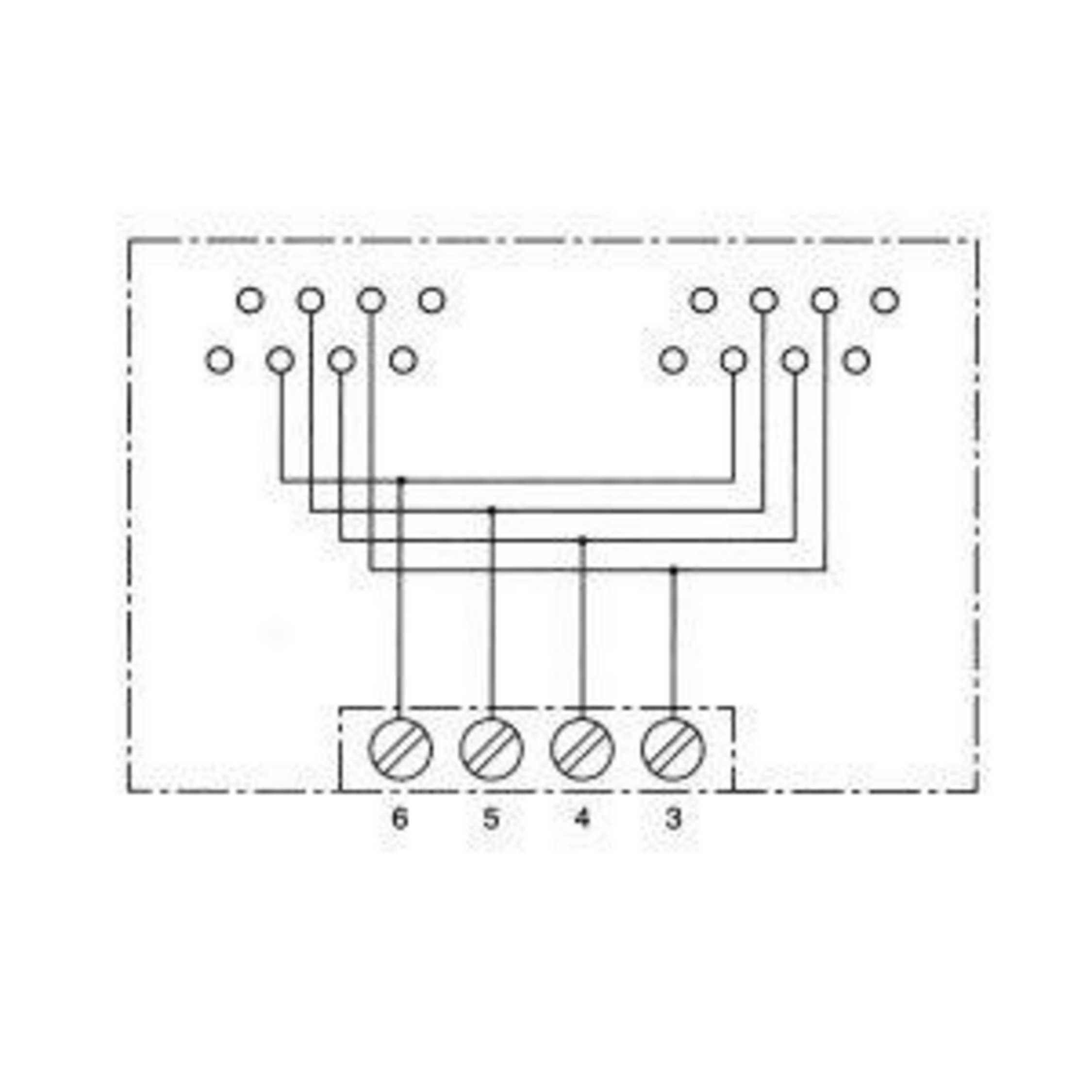 Diagramm einer Leiterplatte mit nummerierten Anschlüssen und verbundenen Drähten, weißer Hintergrund.