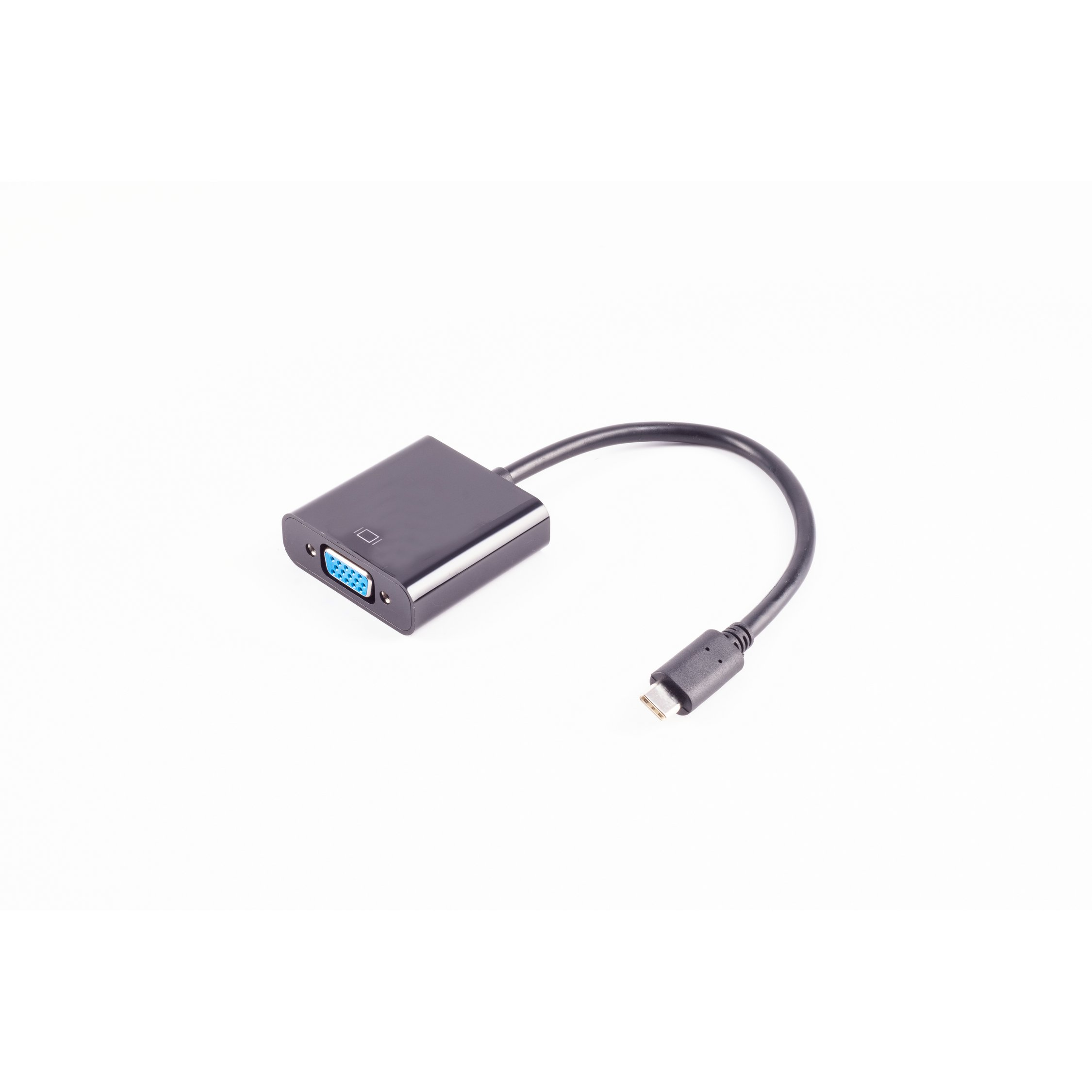 Ein schwarzer USB-C-auf-VGA-Adapterkabel auf weißem Hintergrund. Es ist ein kleines, rechteckiges Gerät mit Kabel.