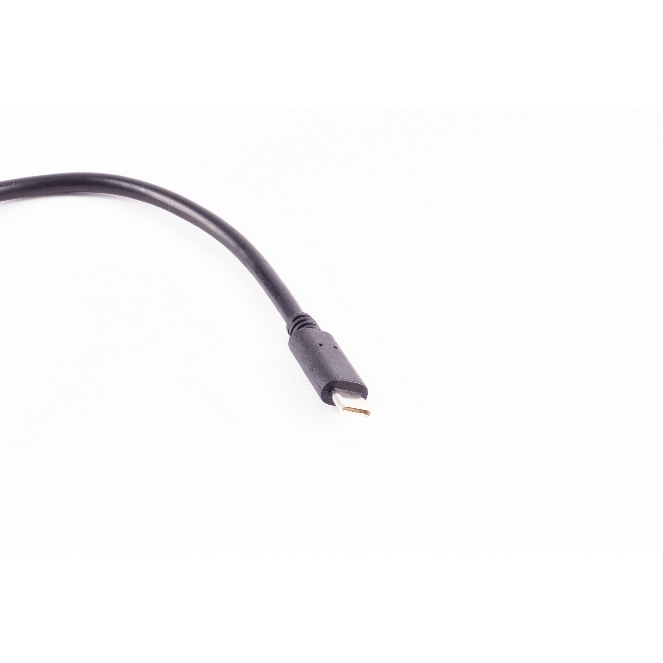 Schwarzes USB-C-Kabel auf weißem Hintergrund, mit sichtbarem Stecker.
